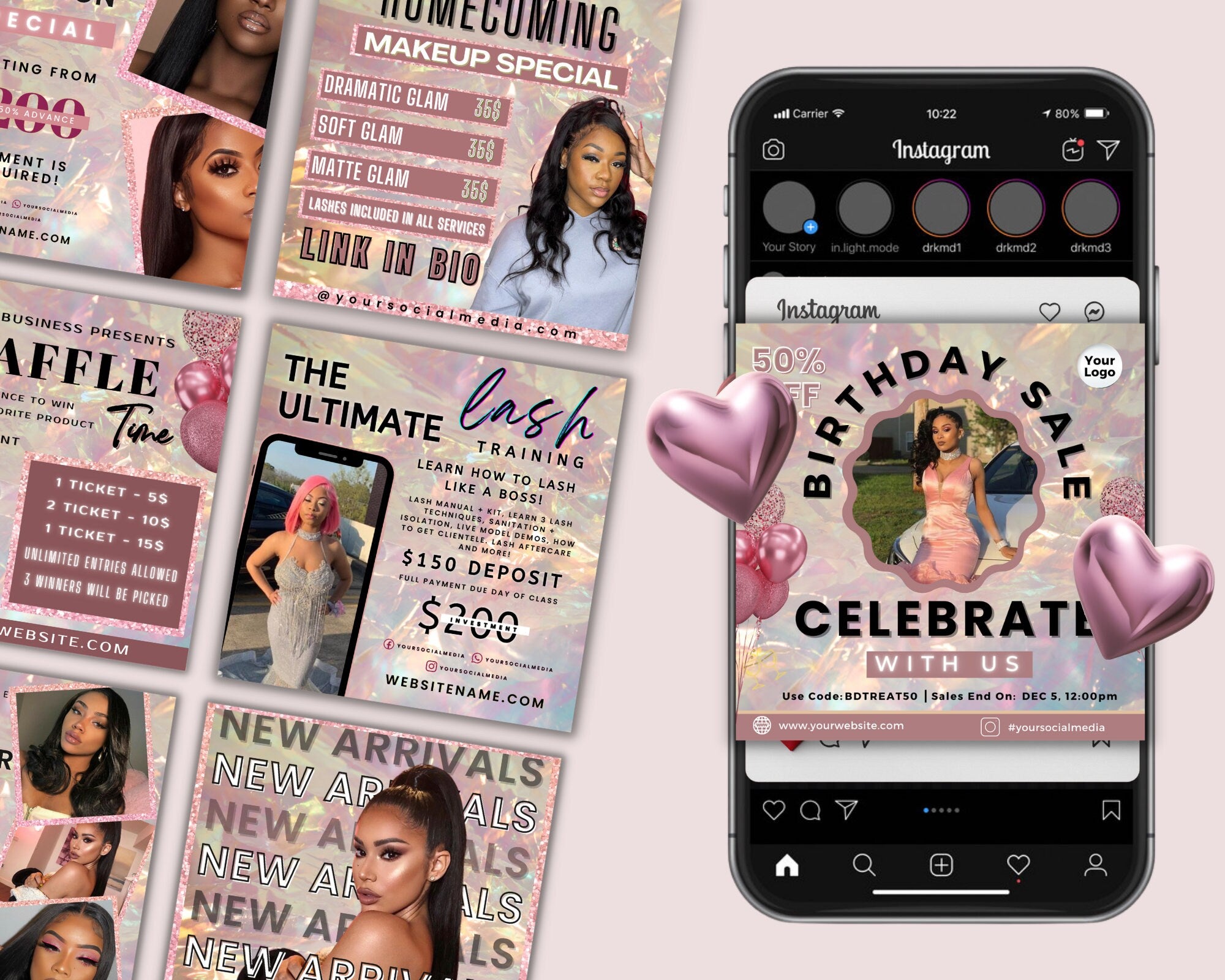 Social Media Flyer Bundle,Holographic Flyers Bundle,DIY Flyer Template Design, Rose Gold Flyers,Hair Bundle Flyers,Instagram Business Flyers