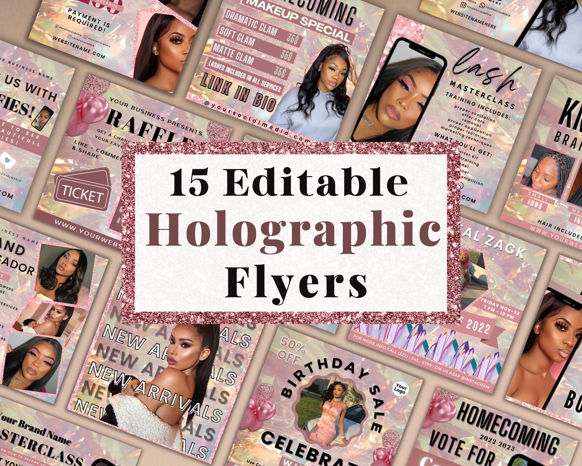 Social Media Flyer Bundle,Holographic Flyers Bundle,DIY Flyer Template Design, Rose Gold Flyers,Hair Bundle Flyers,Instagram Business Flyers