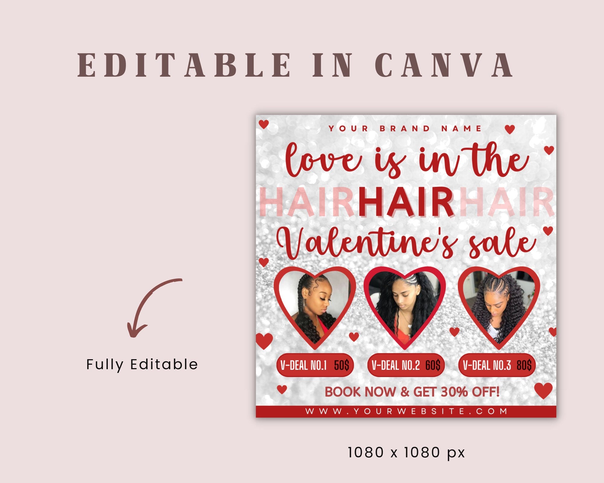 Valentines Day hair Sale Flyer, Valentines Day Hair Special Flyer, DIY February Flash Sale Hair Beauty, Book Now Flyer, Hair Flyer