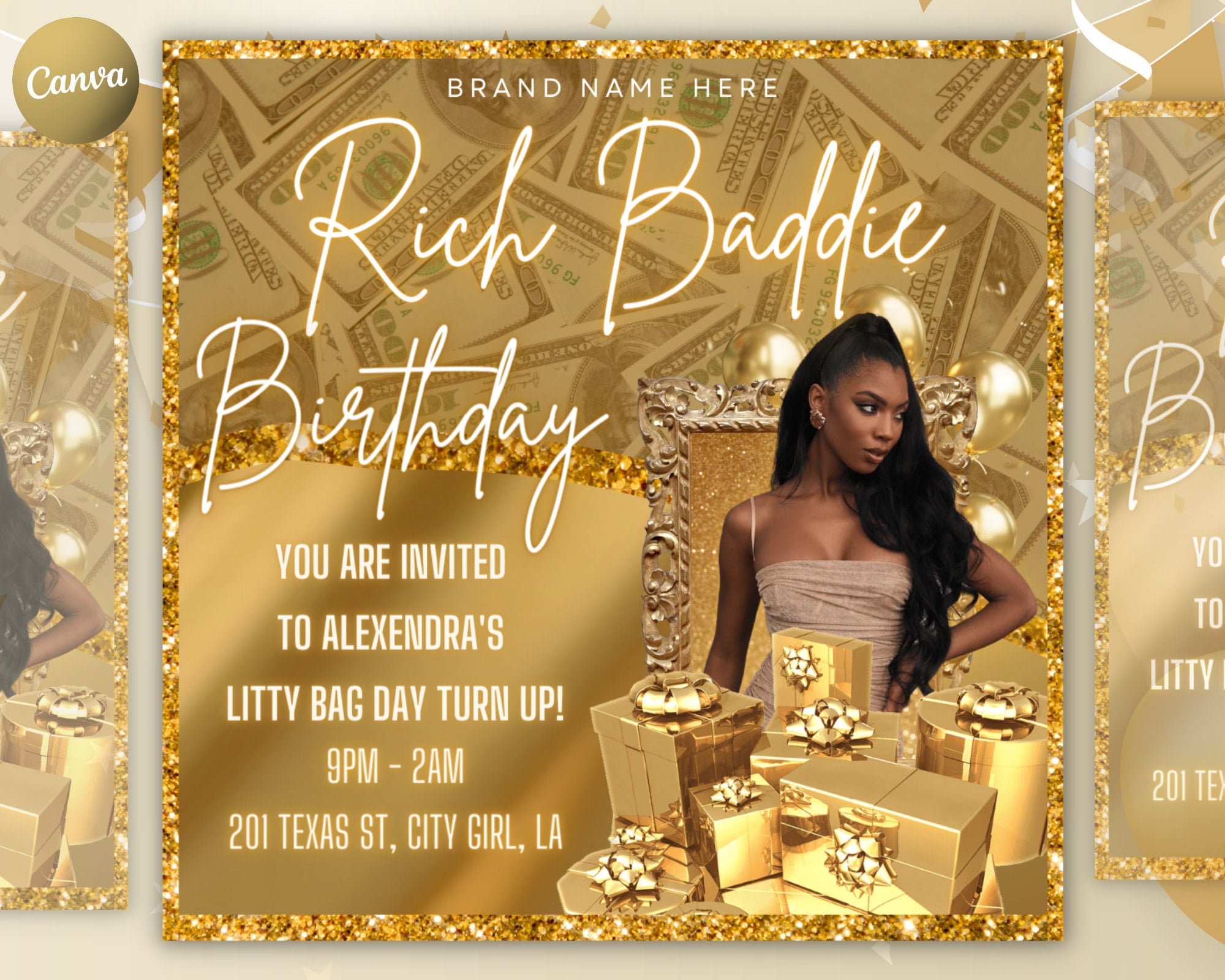 Birthday Flyer Template| DIY Golden Goddess Bday Social Media Instagram Invitation RSVP Boutique Hair Lash Nails Beauty Editable Canva Flyer