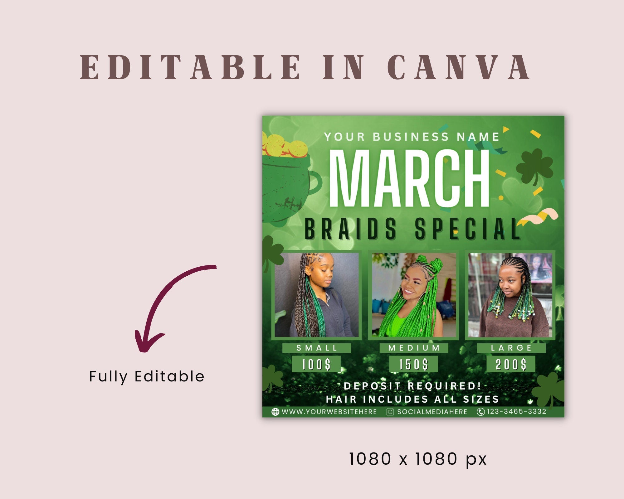 Braids Specials Flyer, March Booking Flyer, March Sale Flyer, March Appointment Flyer, Book Now Flyer, St. Patricks Day Flyer, Hair