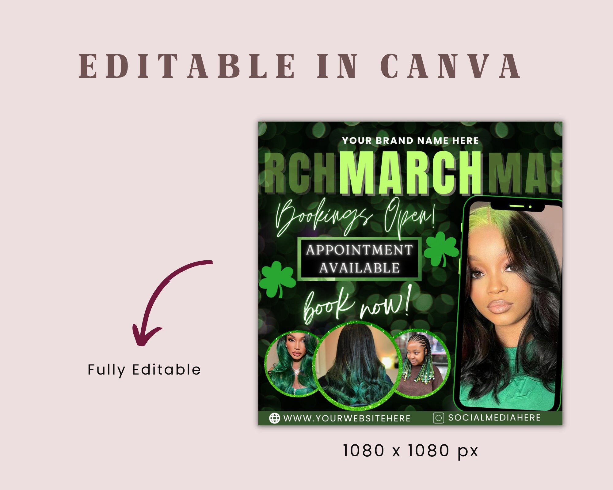 St. Pattys Day Sale Flyer | DIY March Appointment Book Now Hair Beauty Wigs Bundles Frontals Social Media Instagram Editable Template