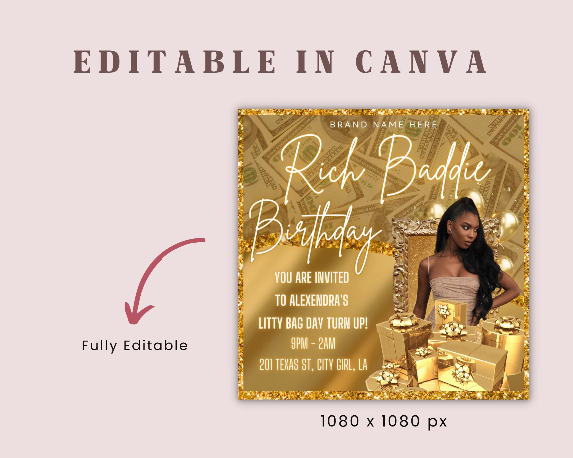 Birthday Flyer Template| DIY Golden Goddess Bday Social Media Instagram Invitation RSVP Boutique Hair Lash Nails Beauty Editable Canva Flyer