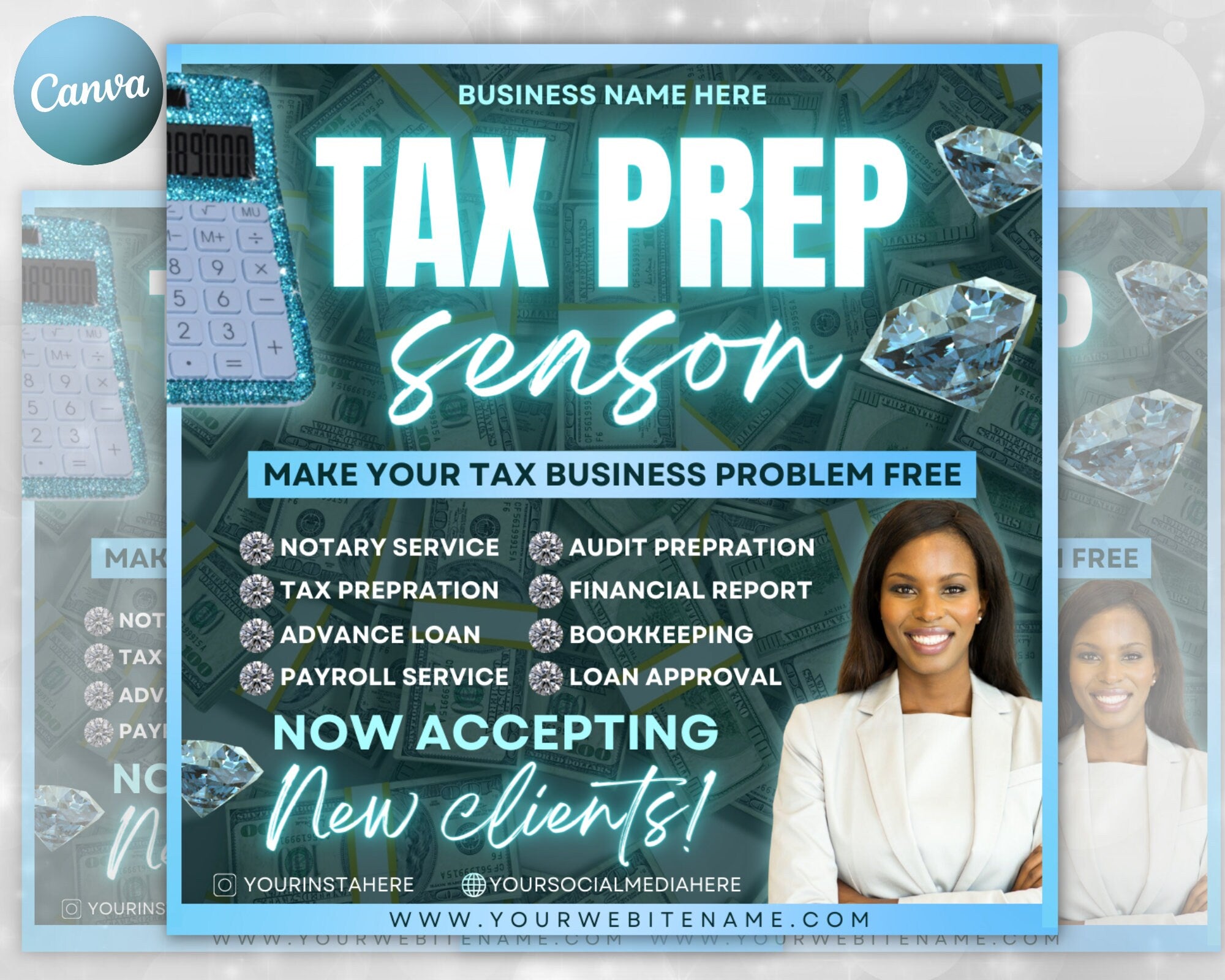 Tax Prep and Credit Repair Flyer | DIY Consultant Taxation Credit Score Marketing Service Social Media Instagram Canva Editable Template