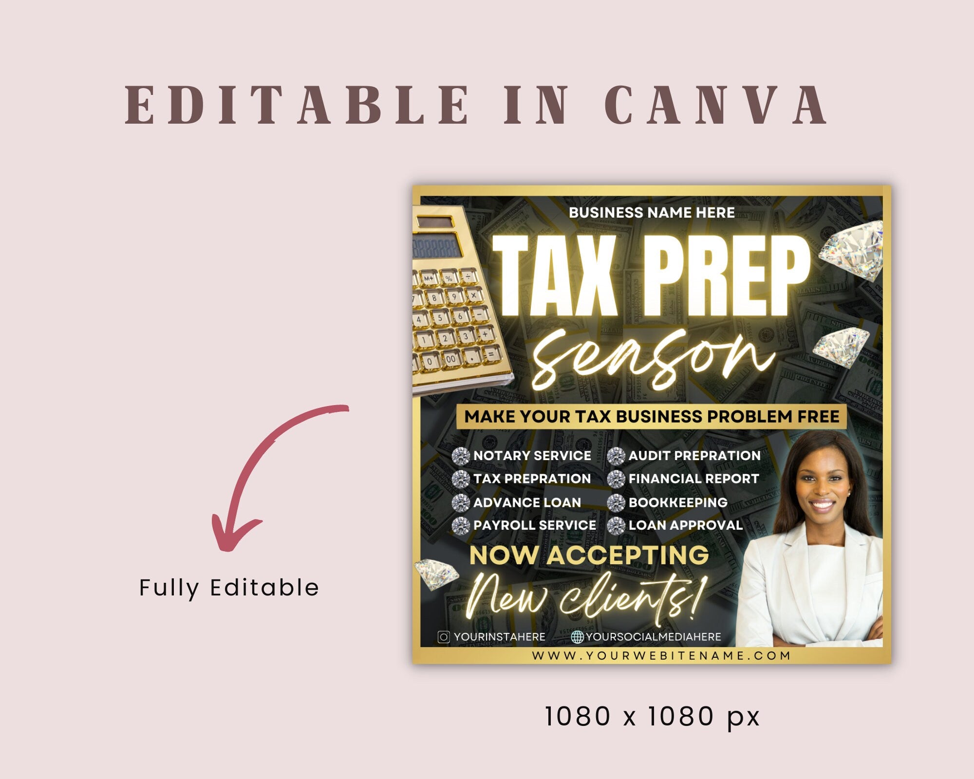 Tax Prep Season Flyer DIY Business Taxes Consultation Boss Taxation Audit Marketing Service Social Media Instagram Canva Editable Template