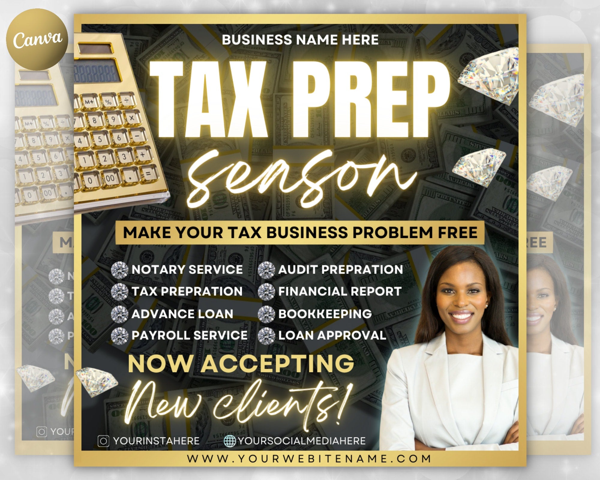 Tax Prep Season Flyer DIY Business Taxes Consultation Boss Taxation Audit Marketing Service Social Media Instagram Canva Editable Template