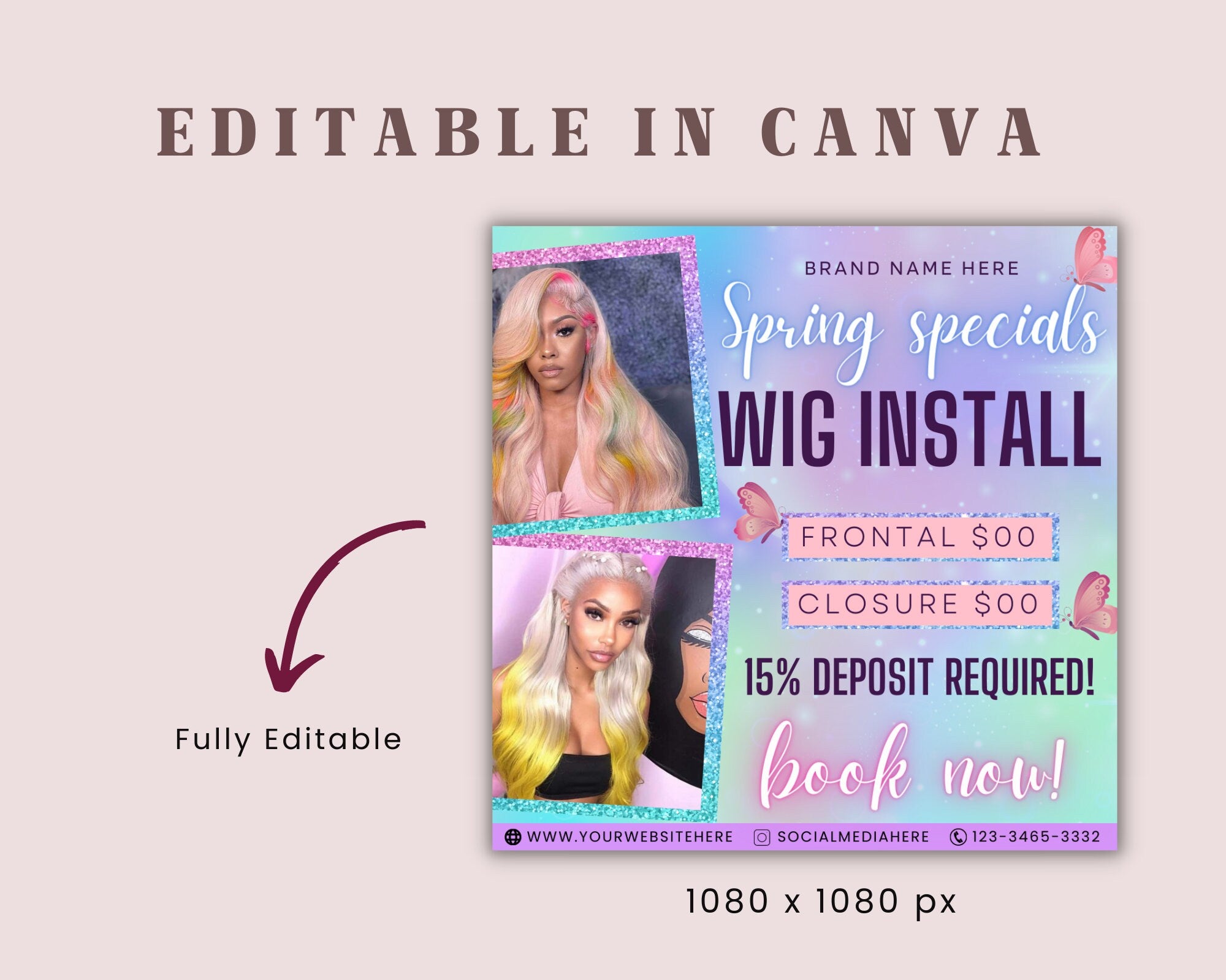 Wig Install Flyer, Spring Flyer, Hair Flyer, Beauty Flyer, Spring Hair Flyer, Wig Install Flyer, Hair Special Flyer, April Booking Flyer