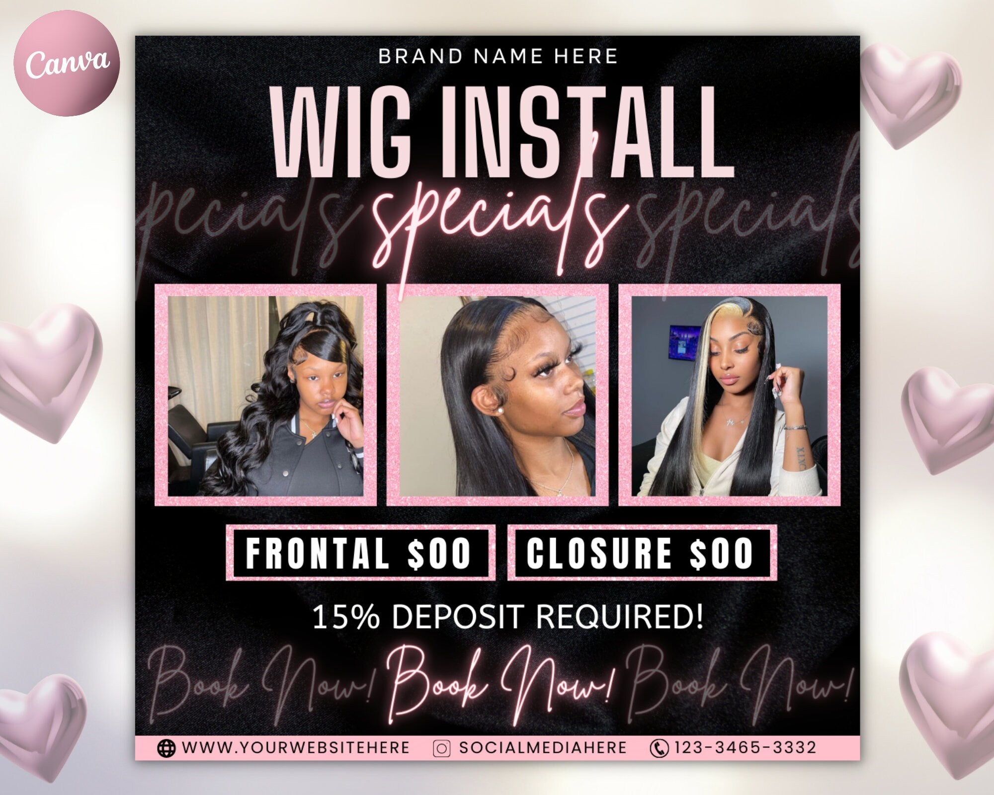 Wig Install Specials Flyer | DIY Hair Salon Appointment Book Now Sale Bundles Wigs Booking Salon Price List Editable Canva Flyer Template