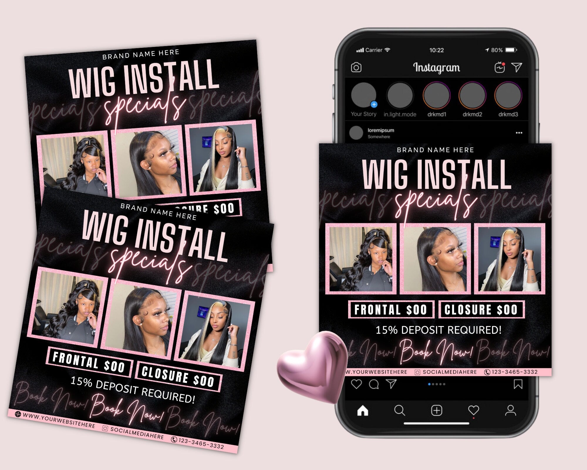 Wig Install Specials Flyer | DIY Hair Salon Appointment Book Now Sale Bundles Wigs Booking Salon Price List Editable Canva Flyer Template