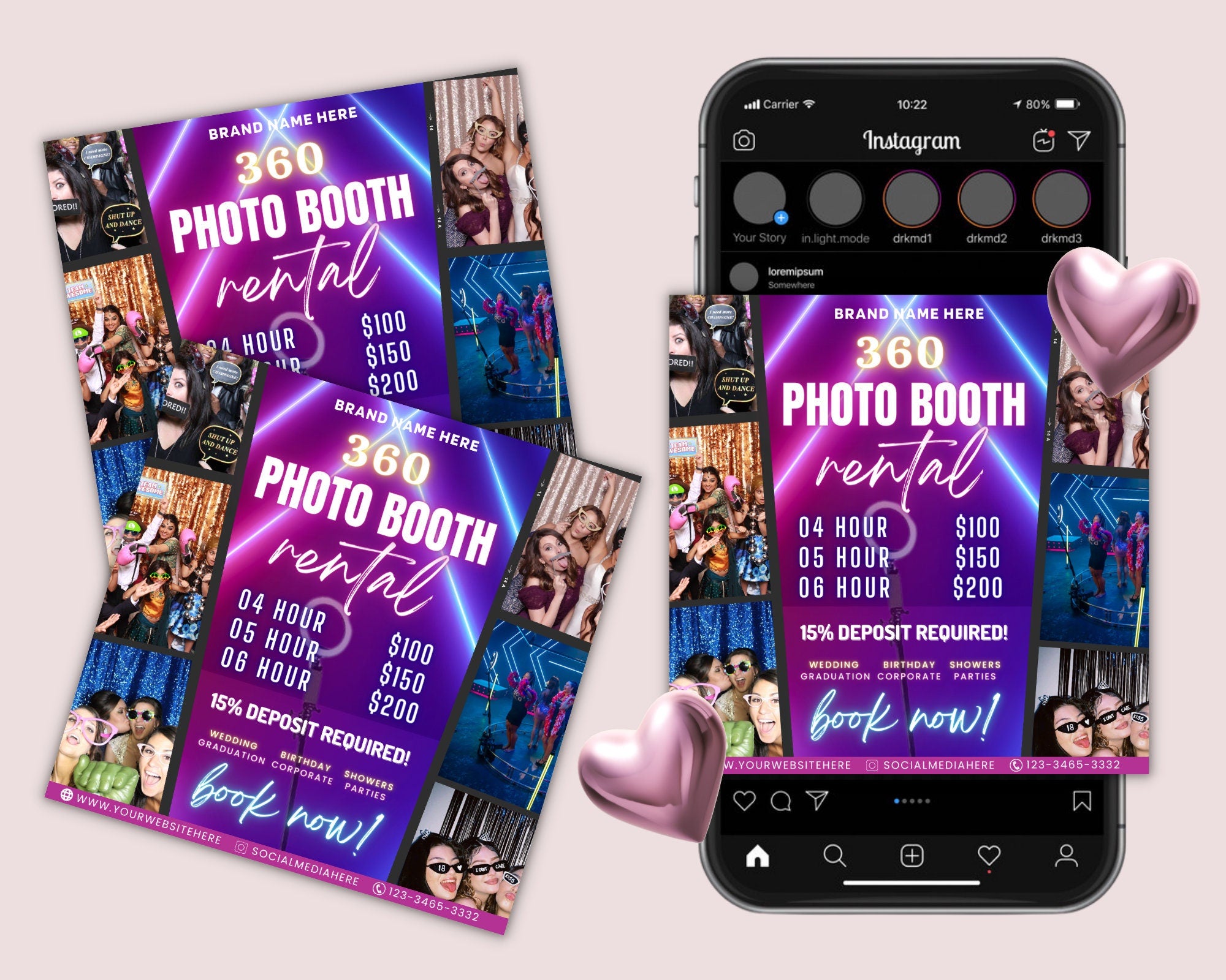 360 Photo Booth Rental Flyer | DIY Event Photography Rental Party Celebration Photobooth Social Media Instagram Editable Canva Template