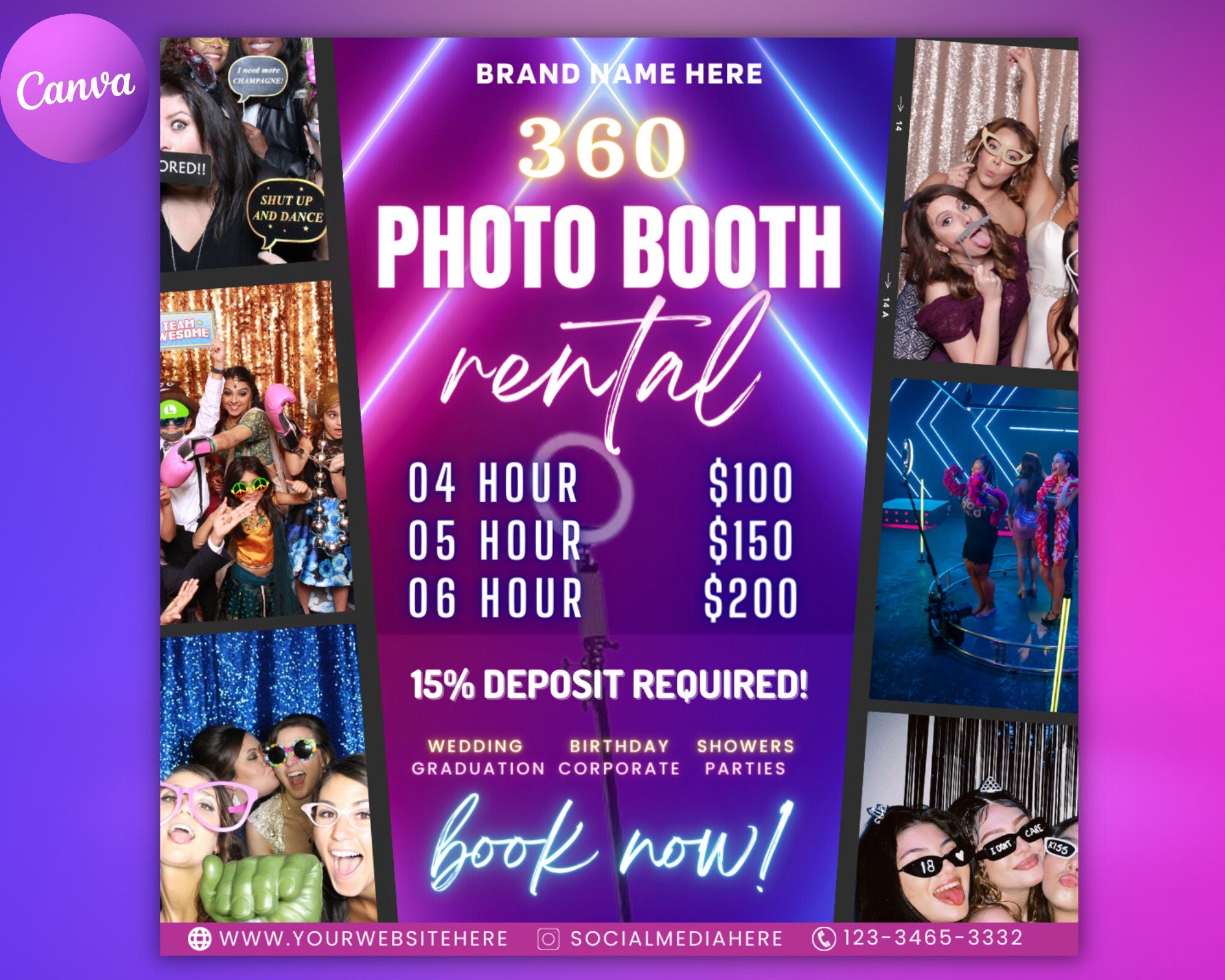 360 Photo Booth Rental Flyer | DIY Event Photography Rental Party Celebration Photobooth Social Media Instagram Editable Canva Template