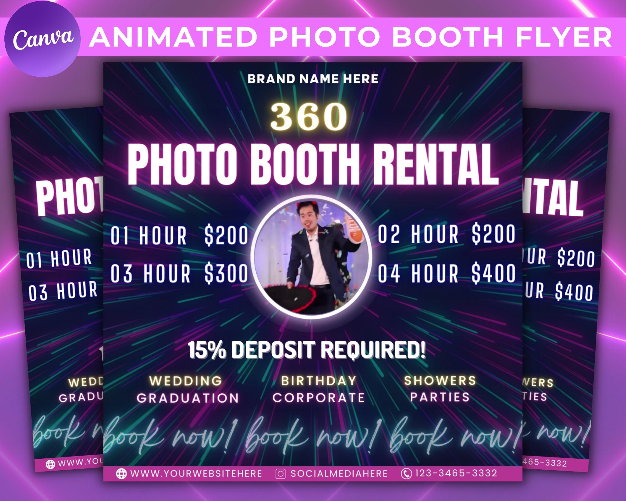 Animated 360 Photo Booth Flyer | Book Now Flyer | Event Photography Rental Party Celebration| Photobooth Instagram | Editable Canva Template