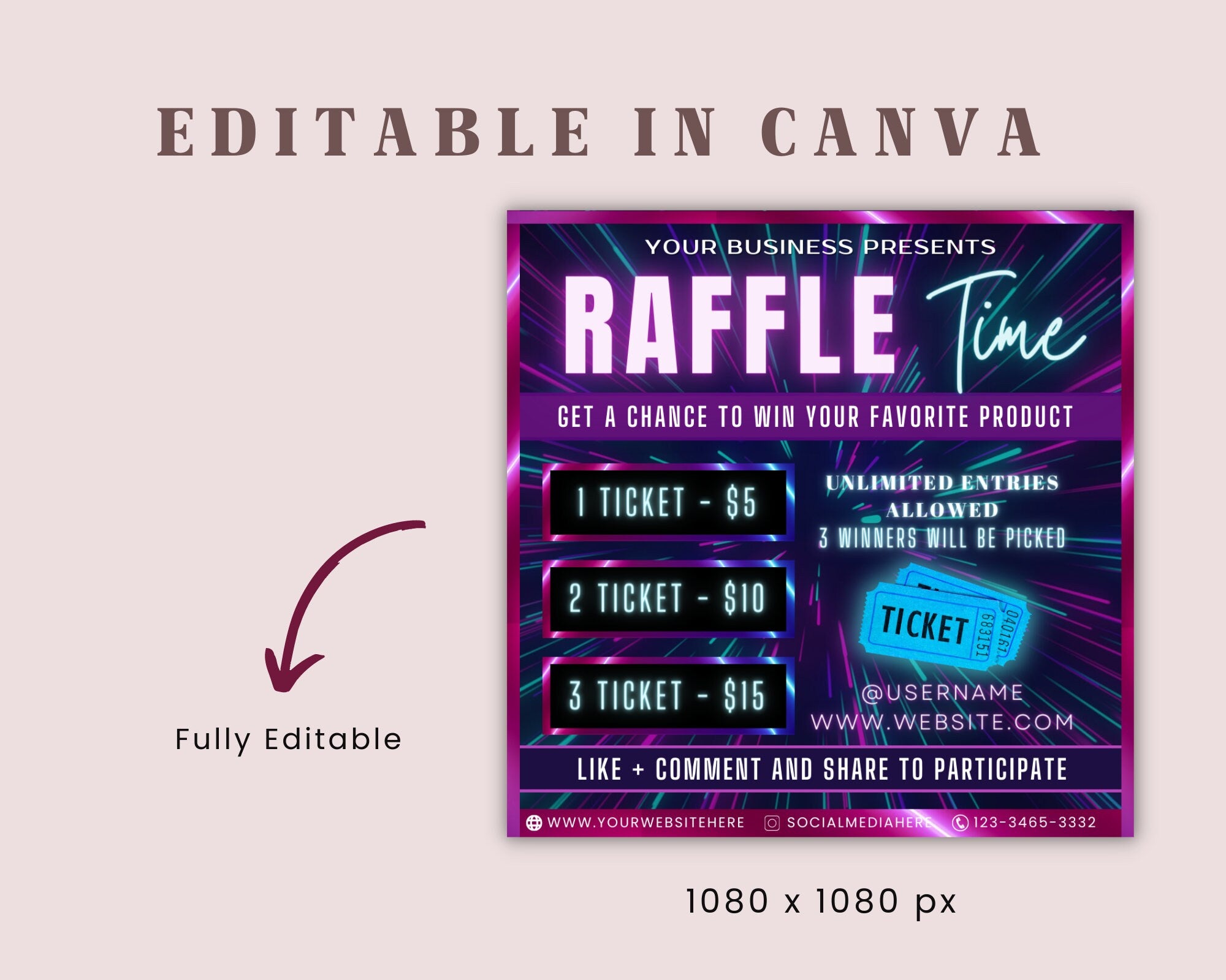 Raffle Flyer Template | DIY Business Branding Giveaway Ticket Contest Boutiques Hair Lashes Nail Salon Makeup Lash Premade Editable Canva