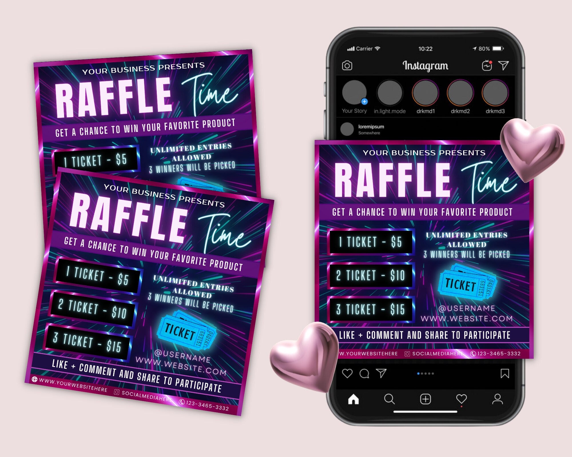 Raffle Flyer Template | DIY Business Branding Giveaway Ticket Contest Boutiques Hair Lashes Nail Salon Makeup Lash Premade Editable Canva