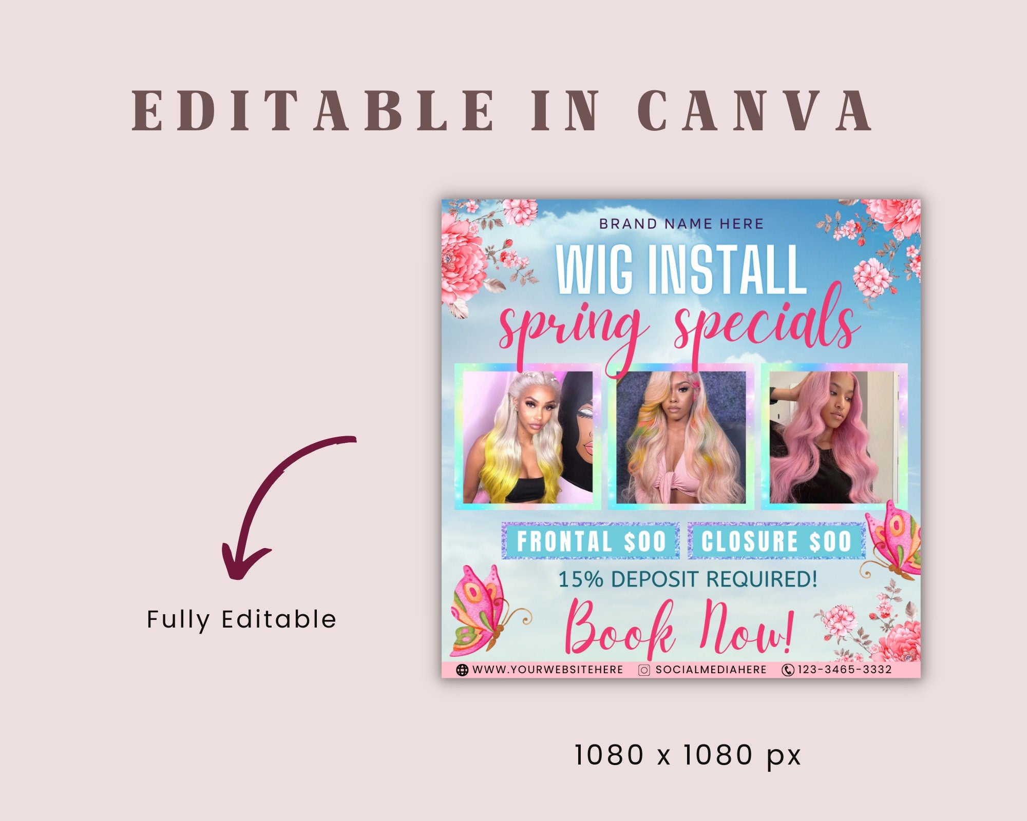 Wig Install Flyer, Spring Flyer, Hair Flyer, Beauty Flyer, Spring Hair Flyer, Wig Install Flyer, Hair Special Flyer, April Booking Flyer