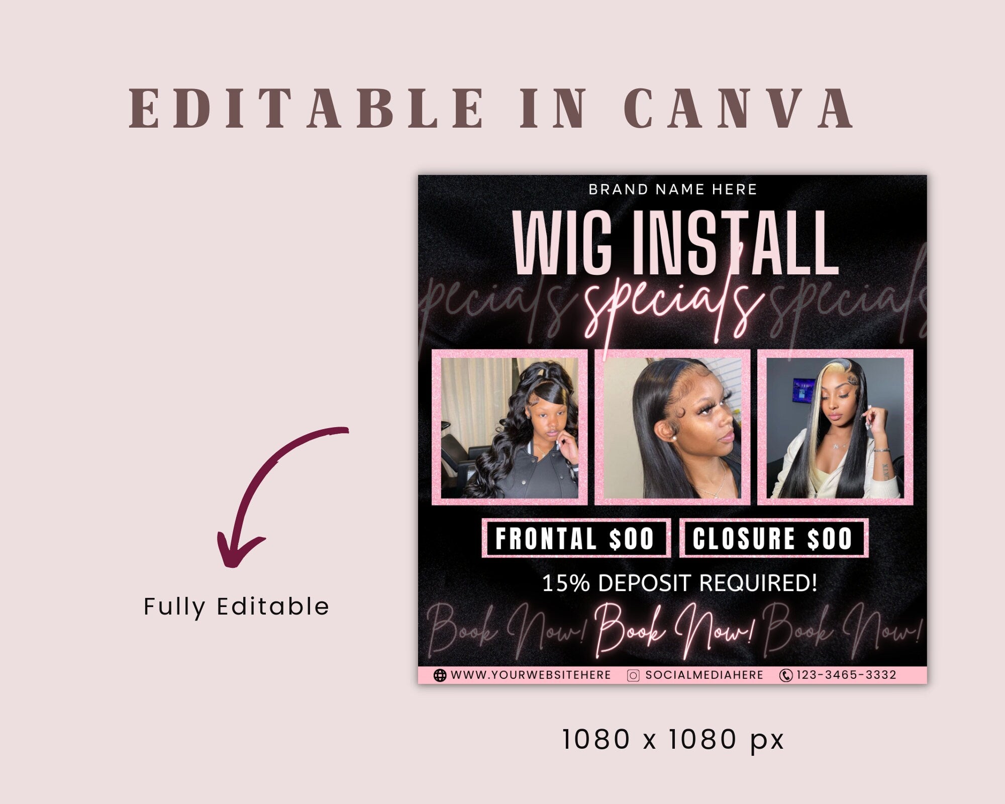 Wig Install Specials Flyer | DIY Hair Salon Appointment Book Now Sale Bundles Wigs Booking Salon Price List Editable Canva Flyer Template