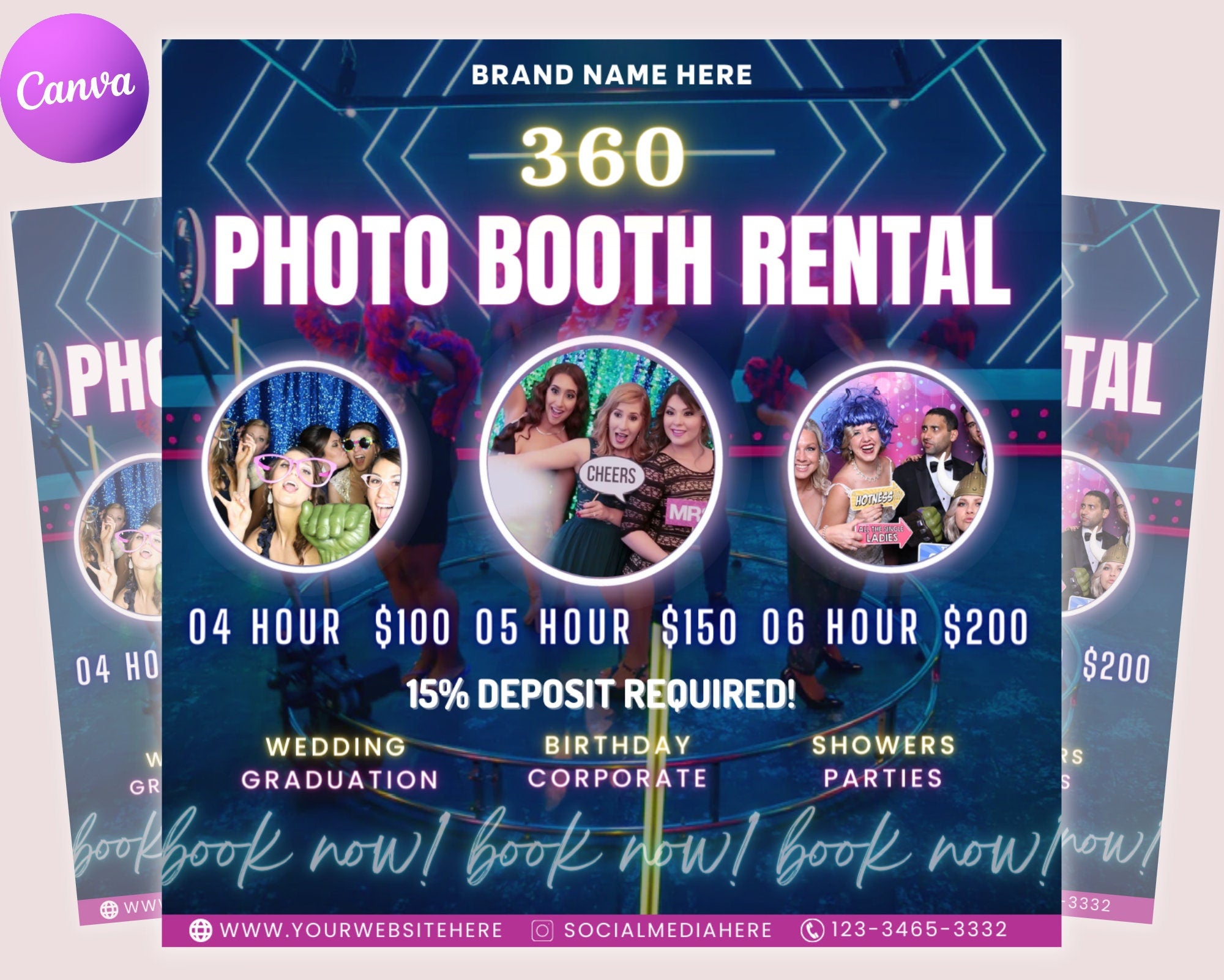 360 Photo Booth Rental Flyer | DIY Event Photography Rental Party Celebration Photobooth Social Media Instagram Editable Canva Template