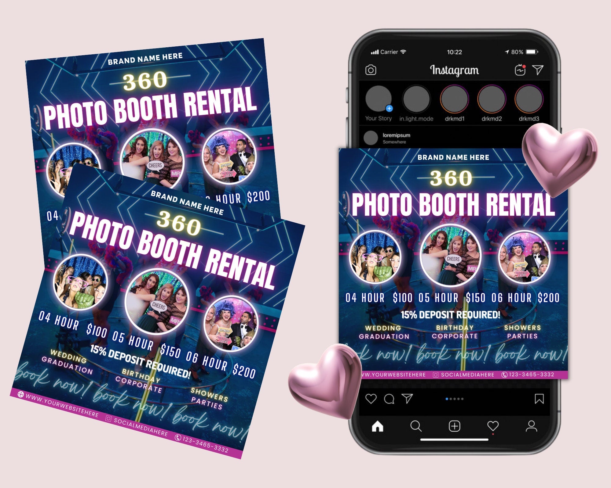 360 Photo Booth Rental Flyer | DIY Event Photography Rental Party Celebration Photobooth Social Media Instagram Editable Canva Template