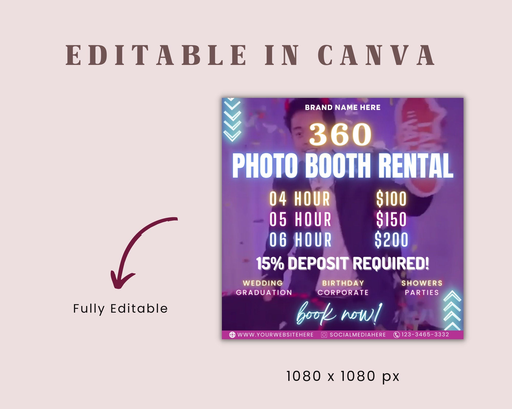 Animated 360 Photo Booth Flyer | Book Now Flyer | Event Photography Rental Party Celebration| Photobooth Instagram | Editable Canva Template