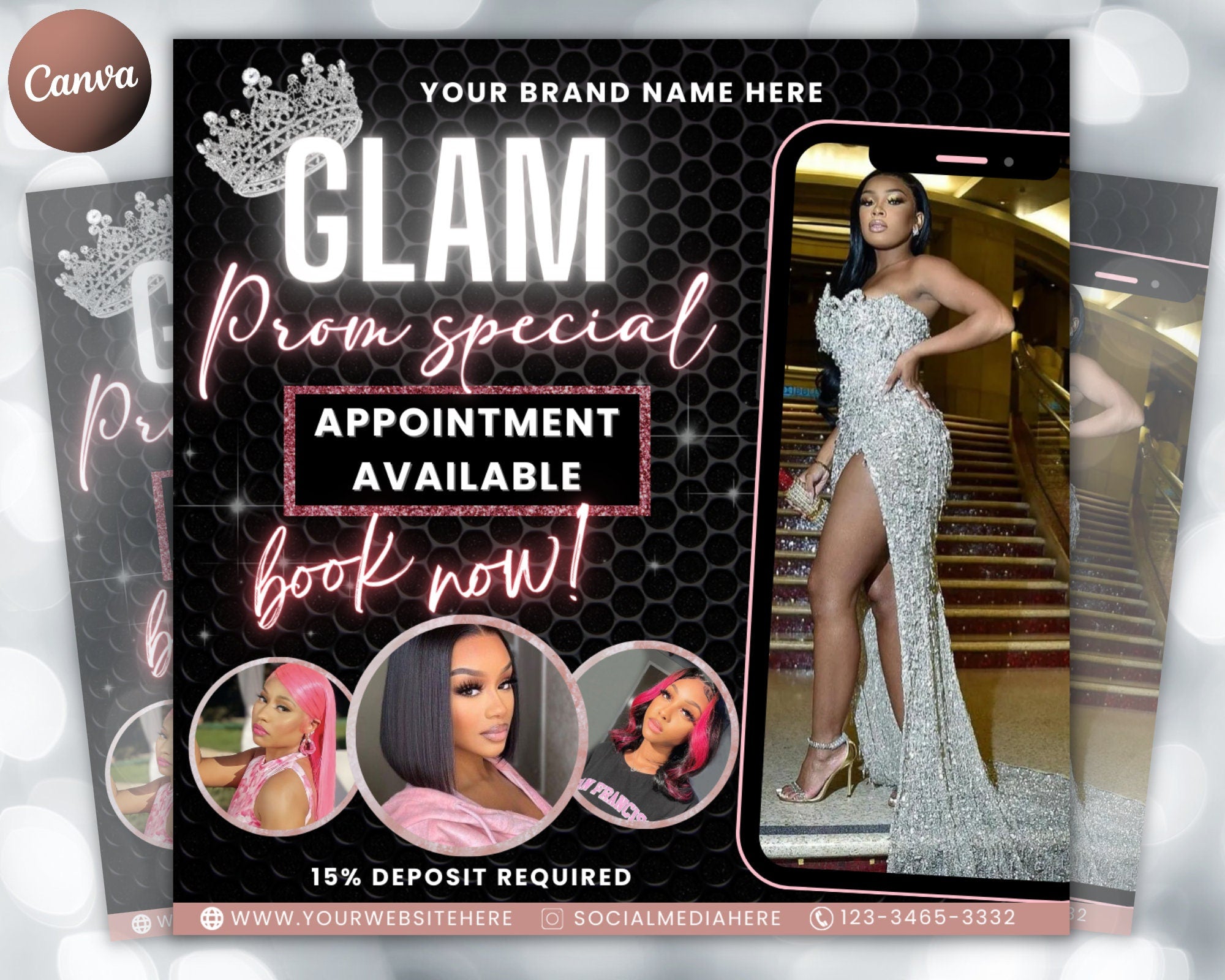 Prom Flyer, Prom Sale Flyer, Glam Prom Flyer, Prom Sendoff Flyer, Prom Sendoff, Hair, Makeup, Lash Tech, Lashes, Canva Template, wig install