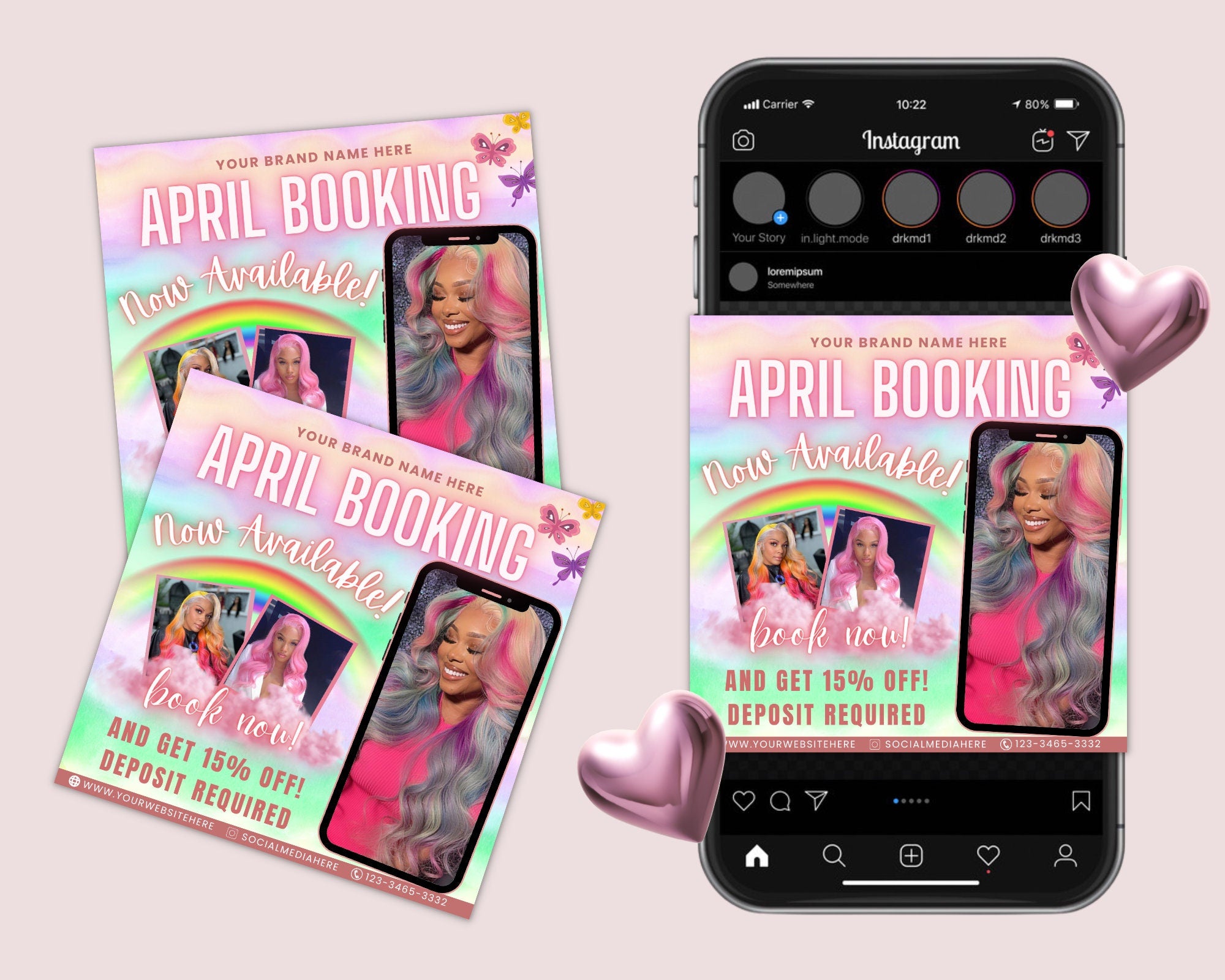 April Appointment Bookings Flyer | DIY Spring Book Now Beauty Hair Lashes Wigs Makeup Nails Bundles Social Media Editable Canva Template