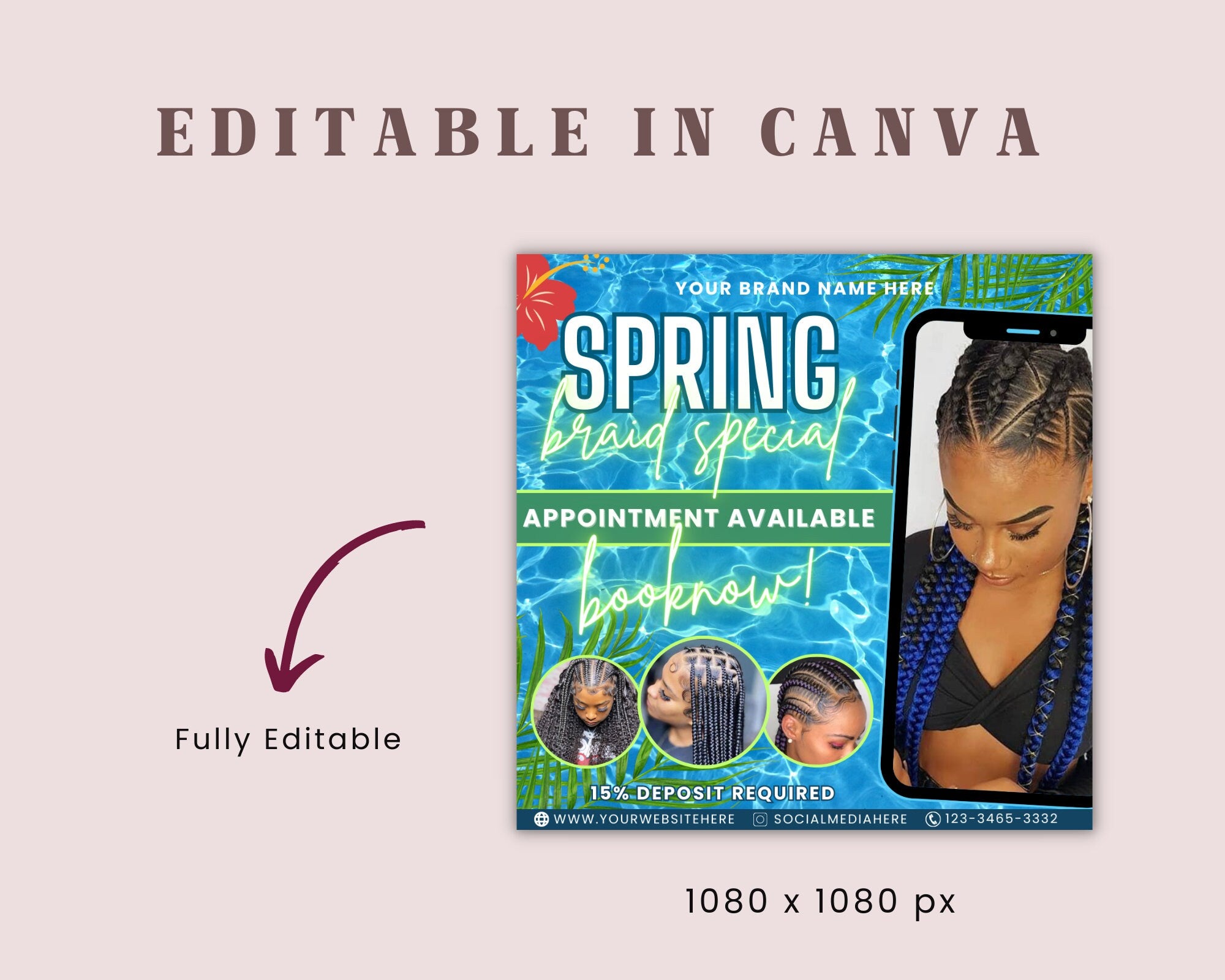 Spring Break Braid Special Flyer| DIY April Flash Sale Hair Braiding Knotless Stitch Butterfly Lemonade Social Media Editable Canva Template