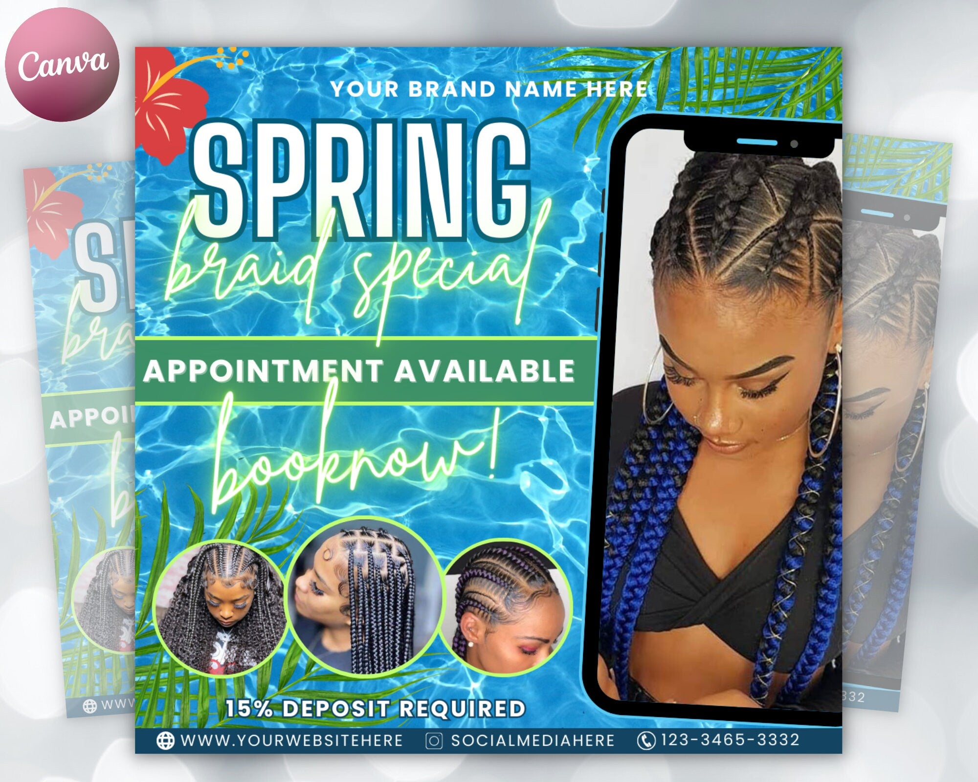 Spring Break Braid Special Flyer| DIY April Flash Sale Hair Braiding Knotless Stitch Butterfly Lemonade Social Media Editable Canva Template