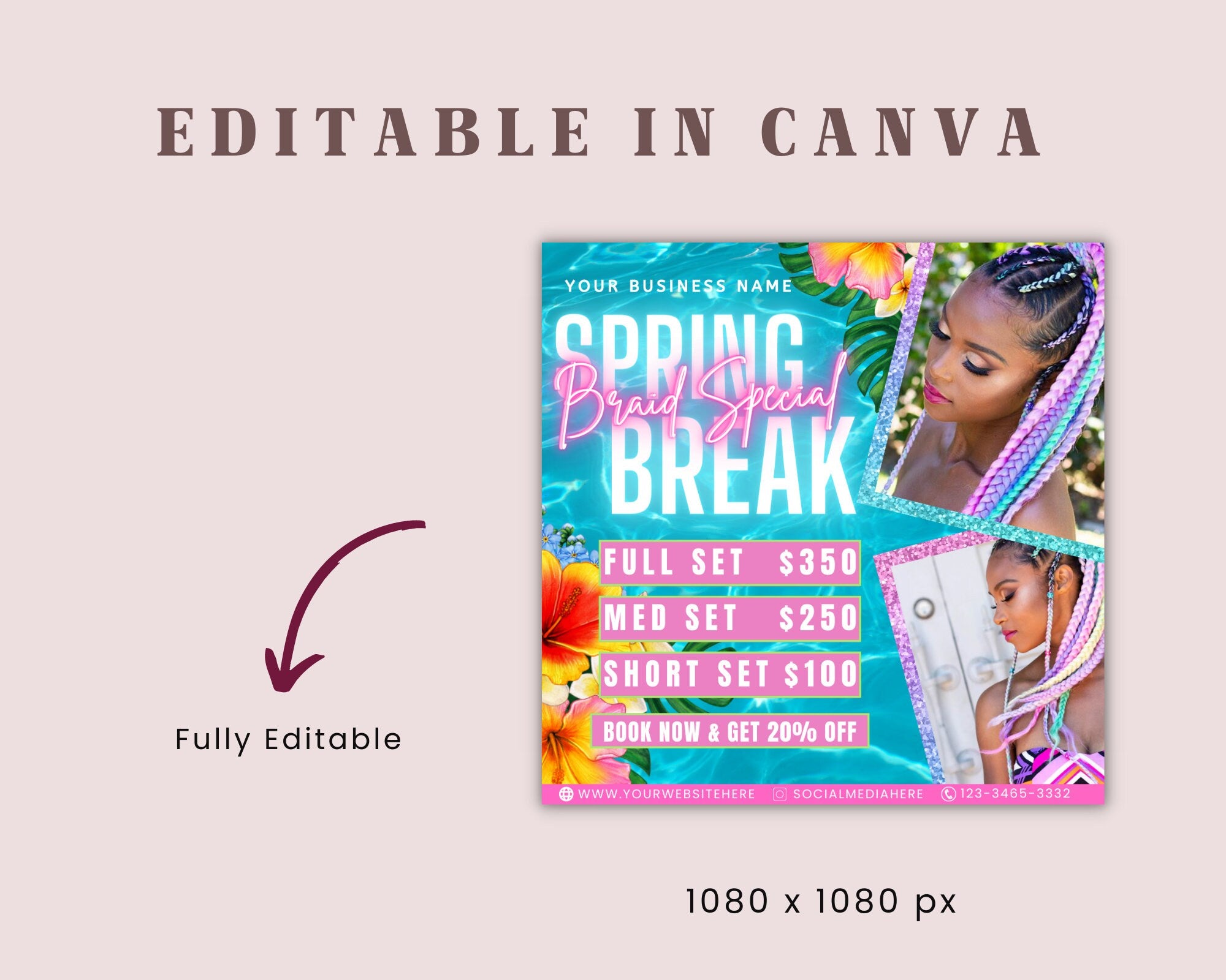 Spring Break Braid Special Flyer| DIY April Flash Sale Hair Braiding Knotless Stitch Butterfly Lemonade Social Media Editable Canva Template