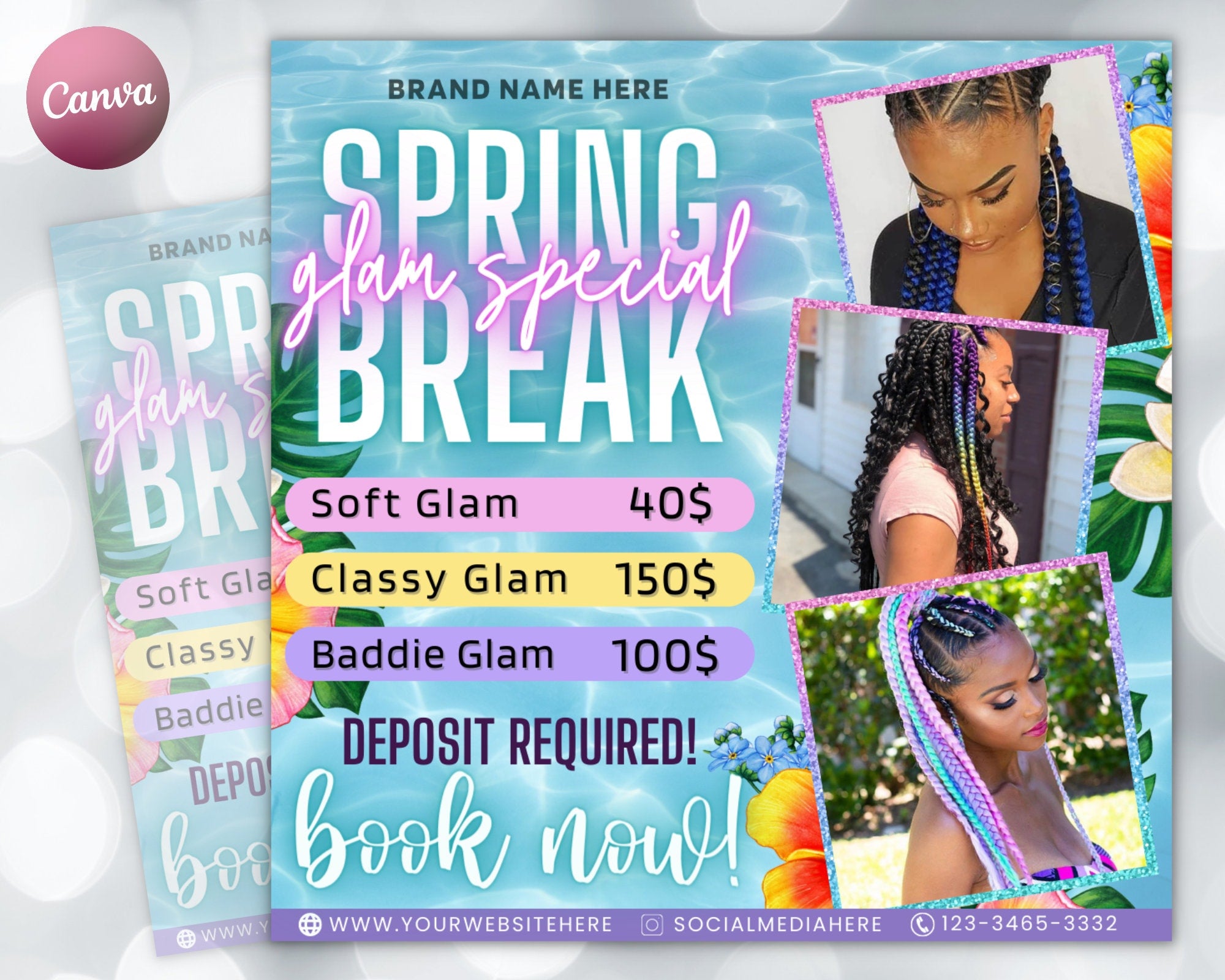 Spring Glam Specials Flyer | DIY April Flash Sale Book Now Hair Nails MUA Lashes Eyelash Wigs Frontals Social Media Editable Canva Template