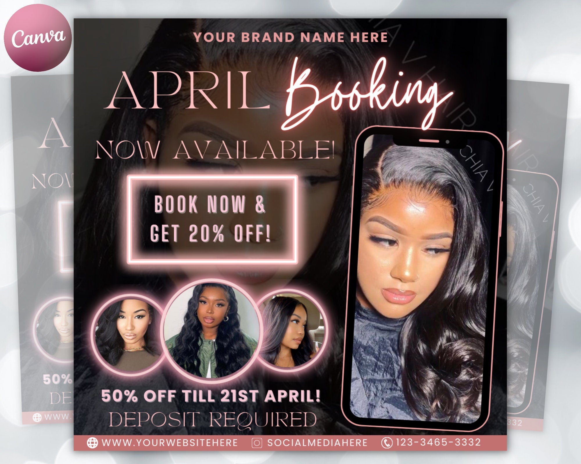 April Bookings Flyer | DIY Spring Appointments Available Beauty Hair Lashes Wig Frontals MUA Nails Social Media Editable Canva Template