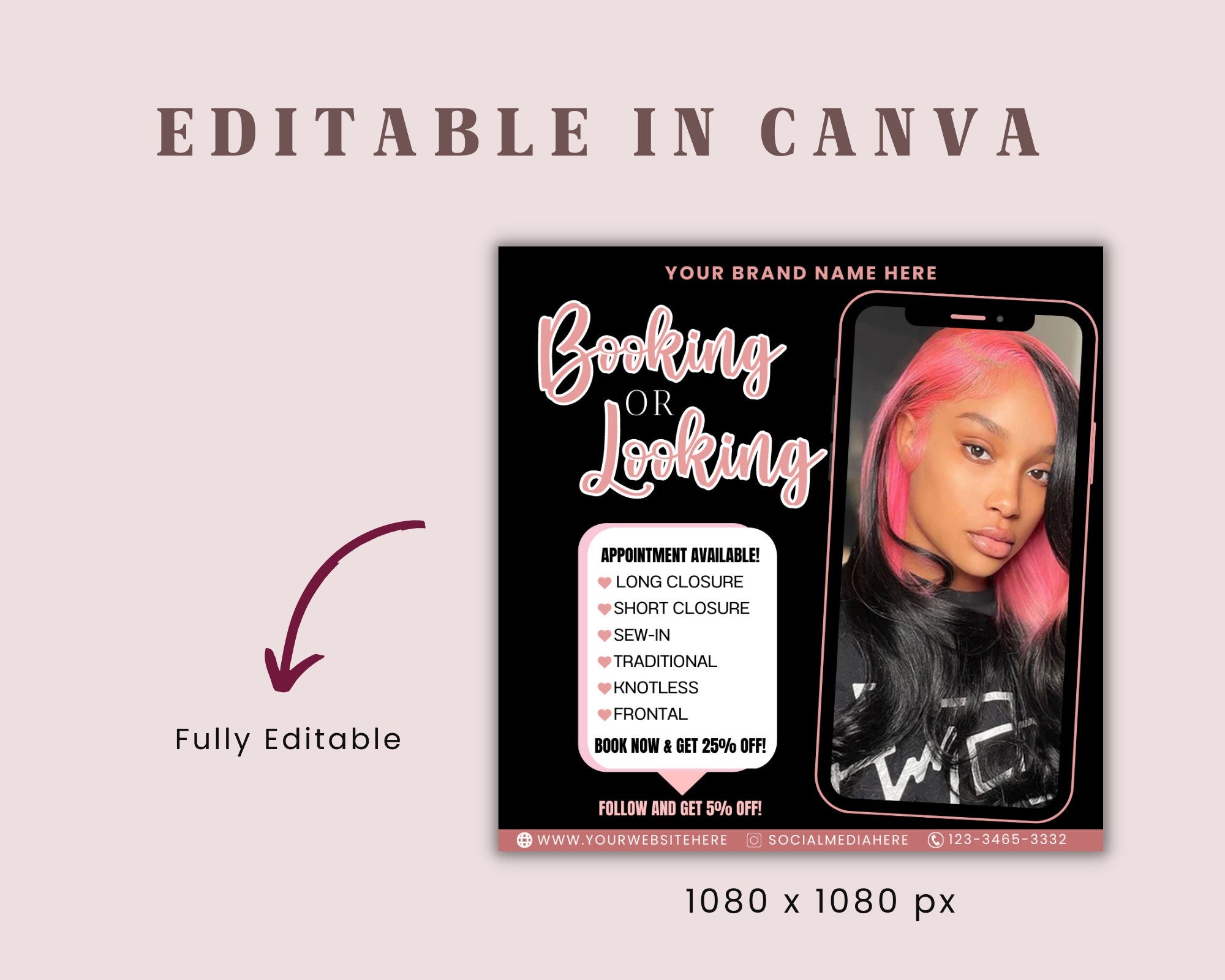 Booking Or Looking Appointment Flyer | DIY Book Now Available | Social Media Instagram | Hair Lashes Nails Wigs Makeup | Canva Template