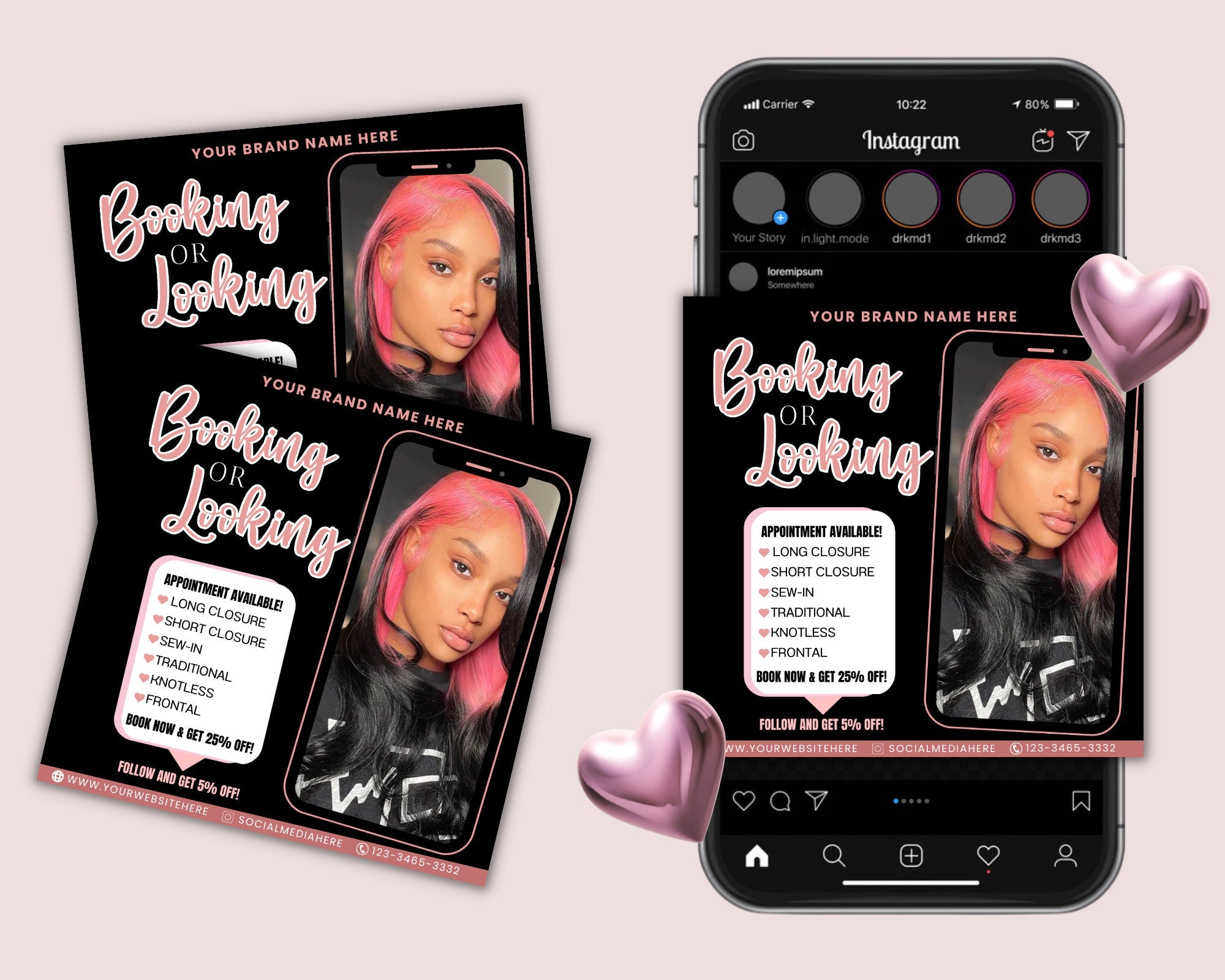 Booking Or Looking Appointment Flyer | DIY Book Now Available | Social Media Instagram | Hair Lashes Nails Wigs Makeup | Canva Template