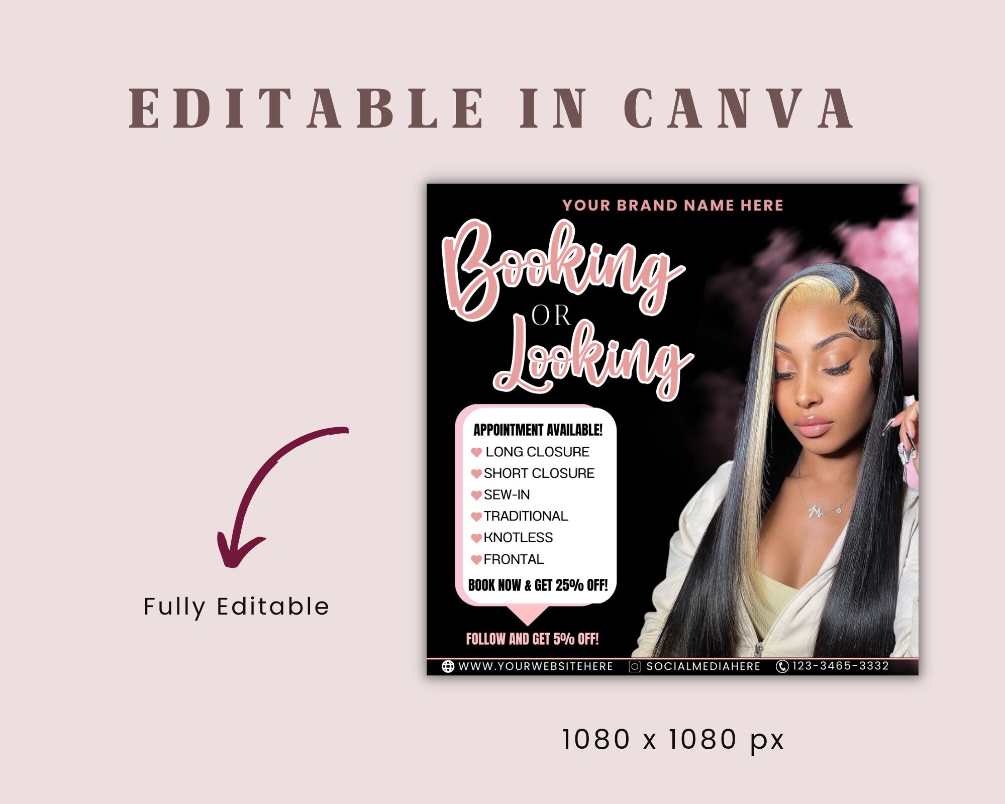 Booking Or Looking Appointment Flyer | DIY Book Now Available | Social Media Instagram | Hair Lashes Nails Wigs Makeup | Canva Template