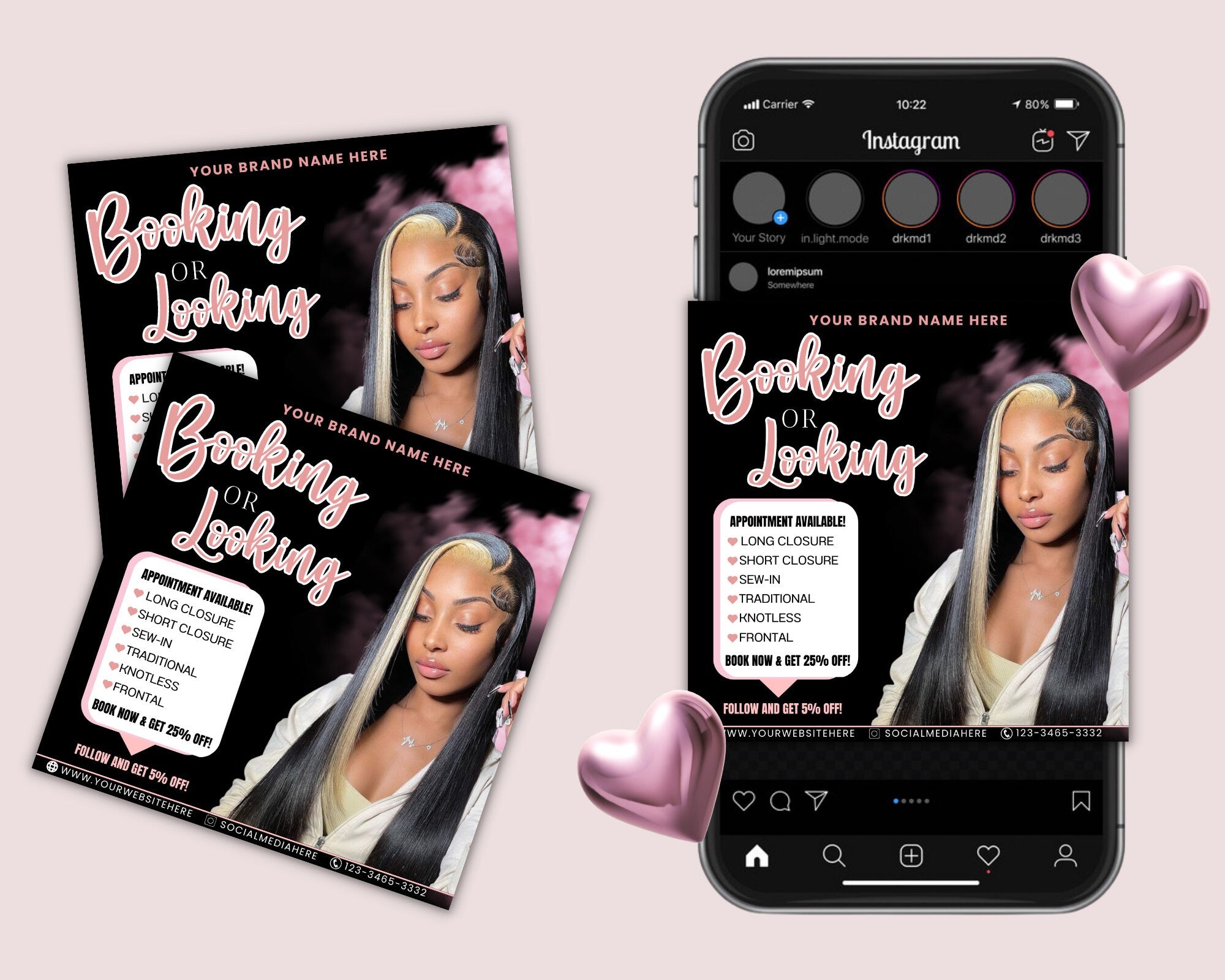 Booking Or Looking Appointment Flyer | DIY Book Now Available | Social Media Instagram | Hair Lashes Nails Wigs Makeup | Canva Template