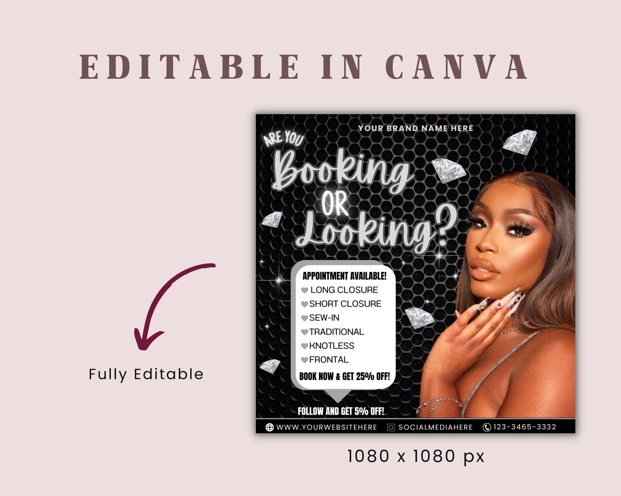 Booking Or Looking Appointment Flyer | DIY Book Now Available | Social Media Instagram | Hair Lashes Nails Wigs Makeup | Canva Template