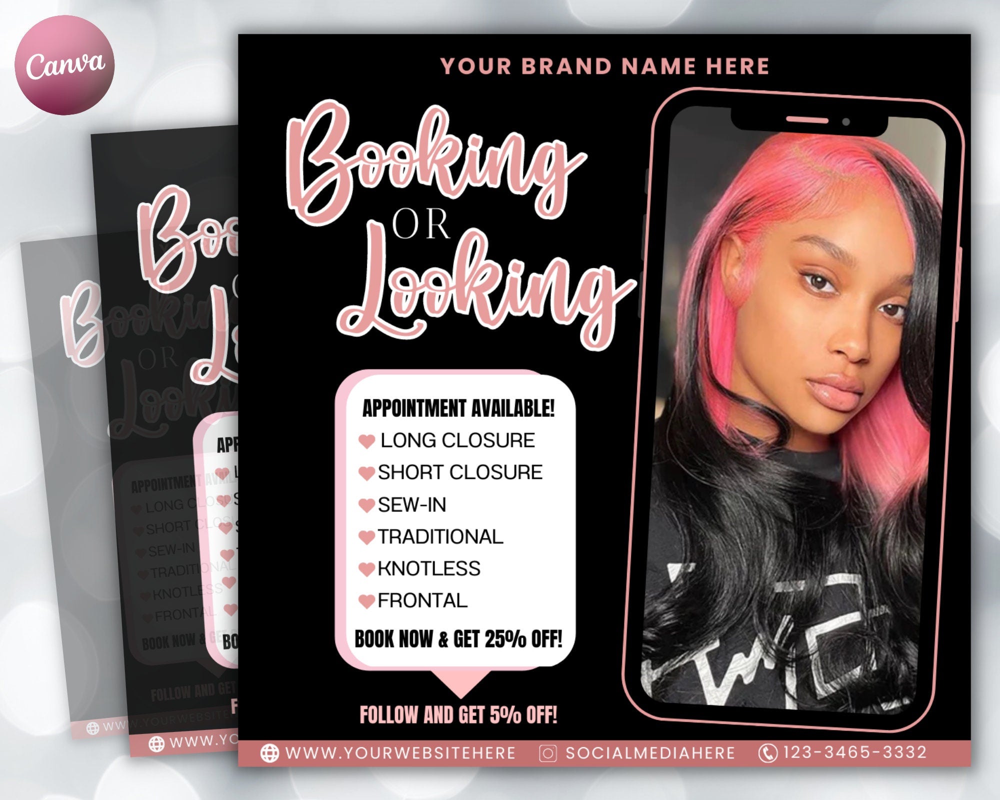 Booking Or Looking Appointment Flyer | DIY Book Now Available | Social Media Instagram | Hair Lashes Nails Wigs Makeup | Canva Template