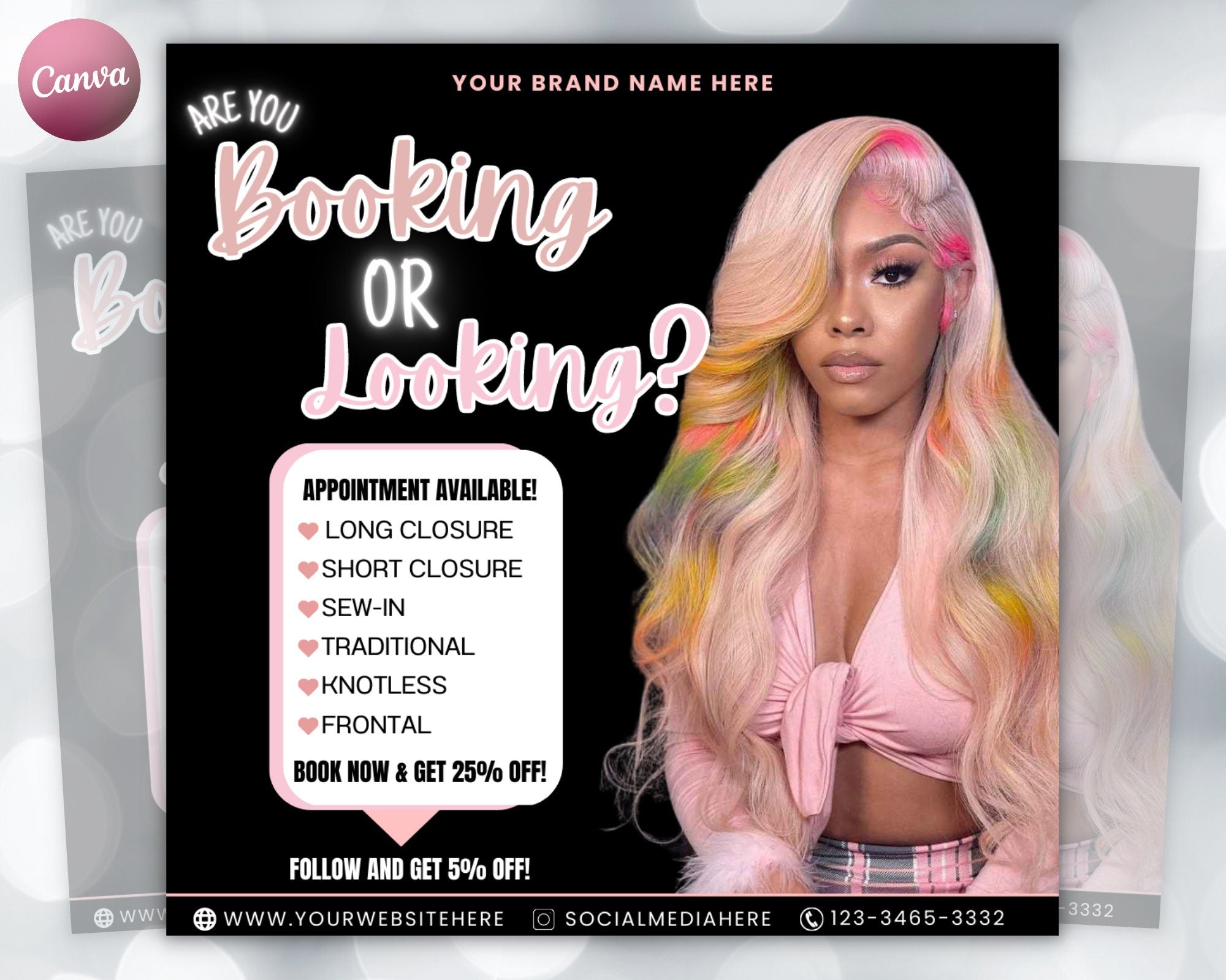 Booking Or Looking Appointment Flyer | DIY Book Now Available | Social Media Instagram | Hair Lashes Nails Wigs Makeup | Canva Template