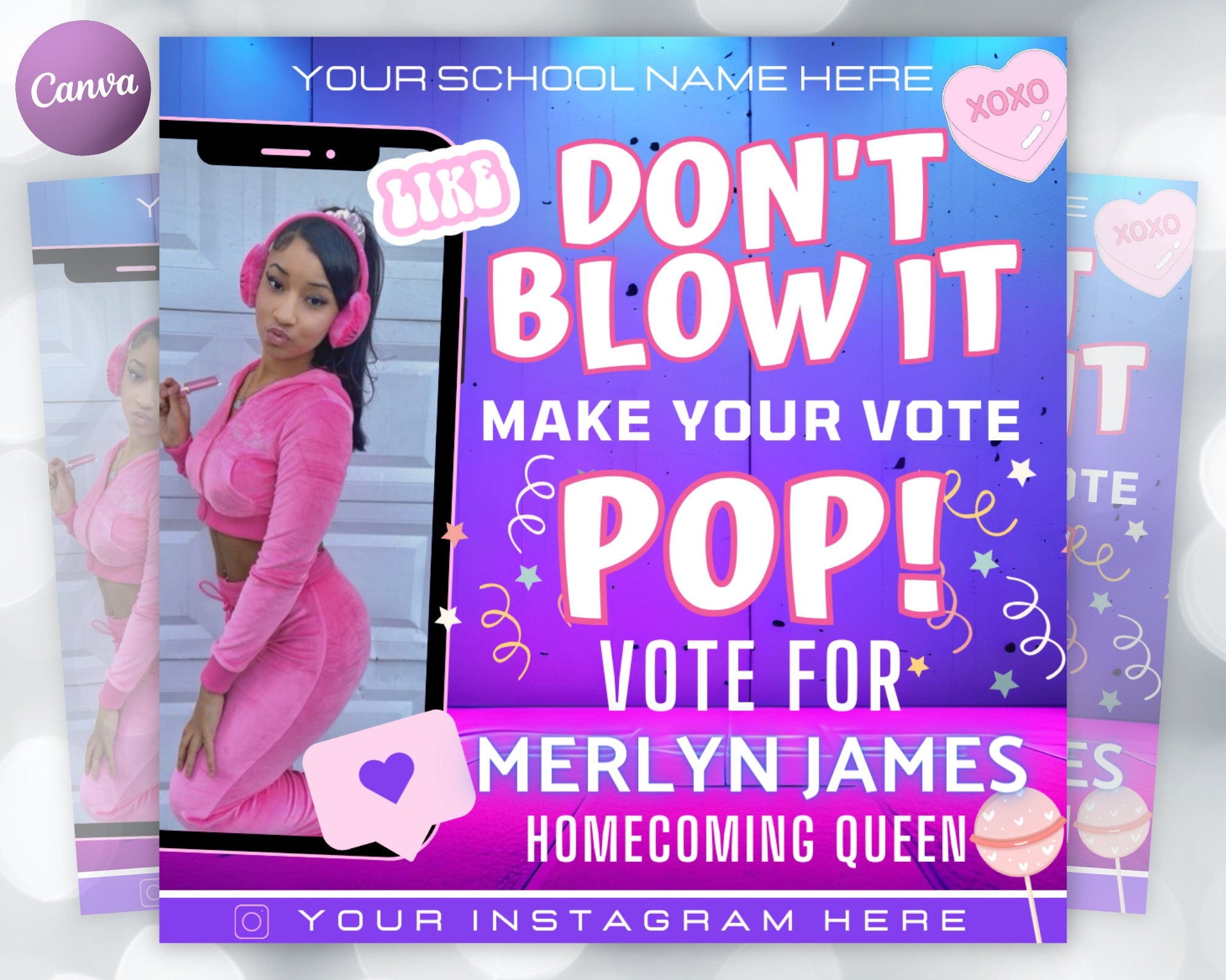 Homecoming Pop The Vote Flyer| DIY Voting Campaign Election High School Queen Beauty Social Media Instagram Snapchat Editable Canva Template