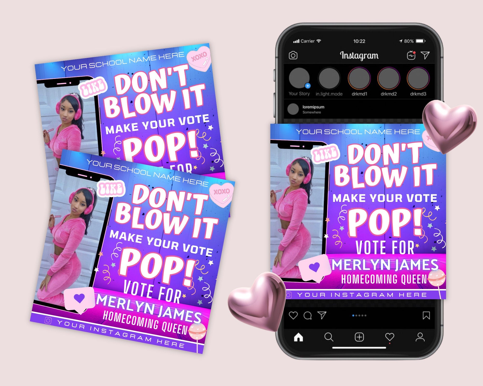 Homecoming Pop The Vote Flyer| DIY Voting Campaign Election High School Queen Beauty Social Media Instagram Snapchat Editable Canva Template