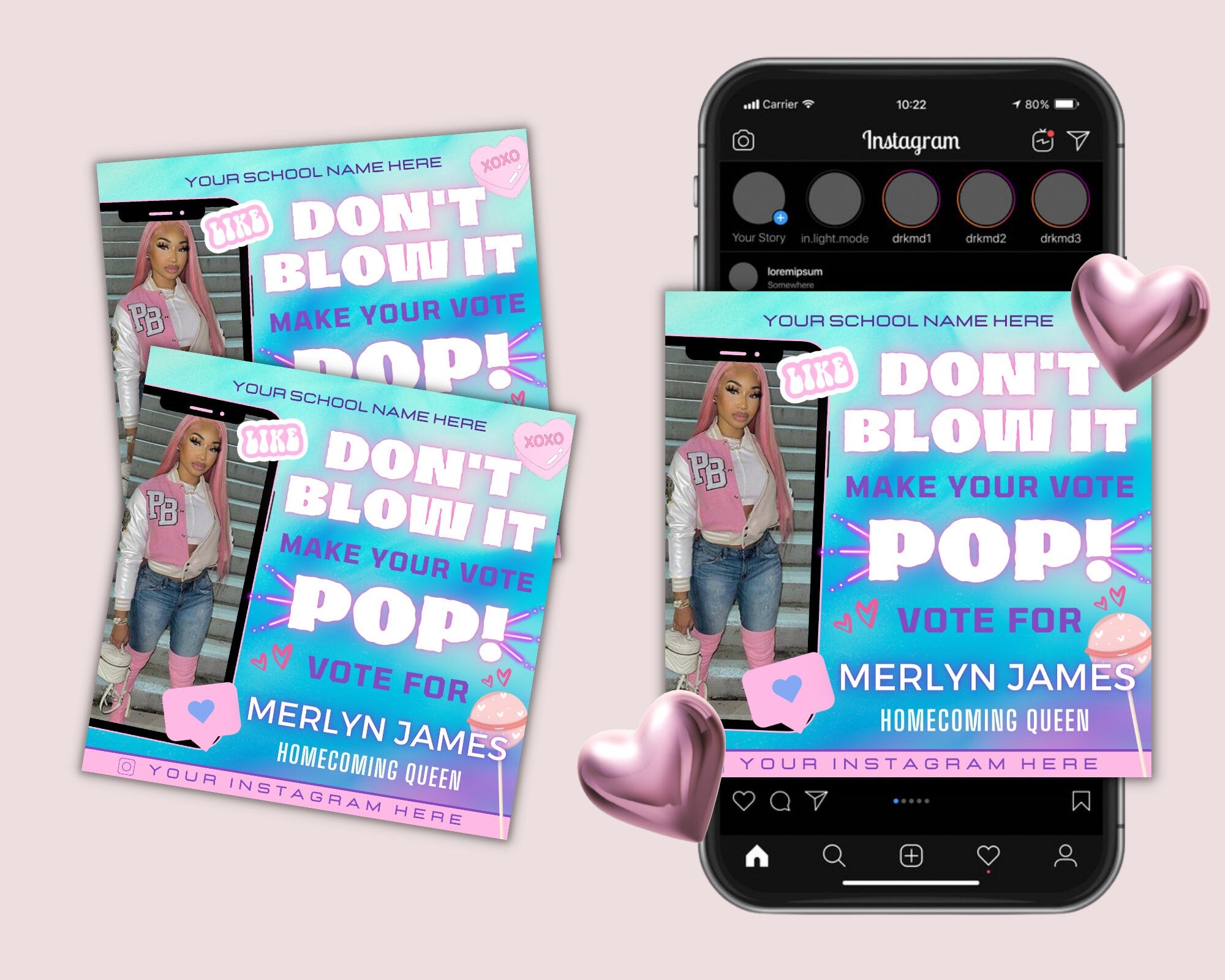 Homecoming Pop The Vote Flyer| DIY Voting Campaign Election High School Queen Beauty Social Media Instagram Snapchat Editable Canva Template