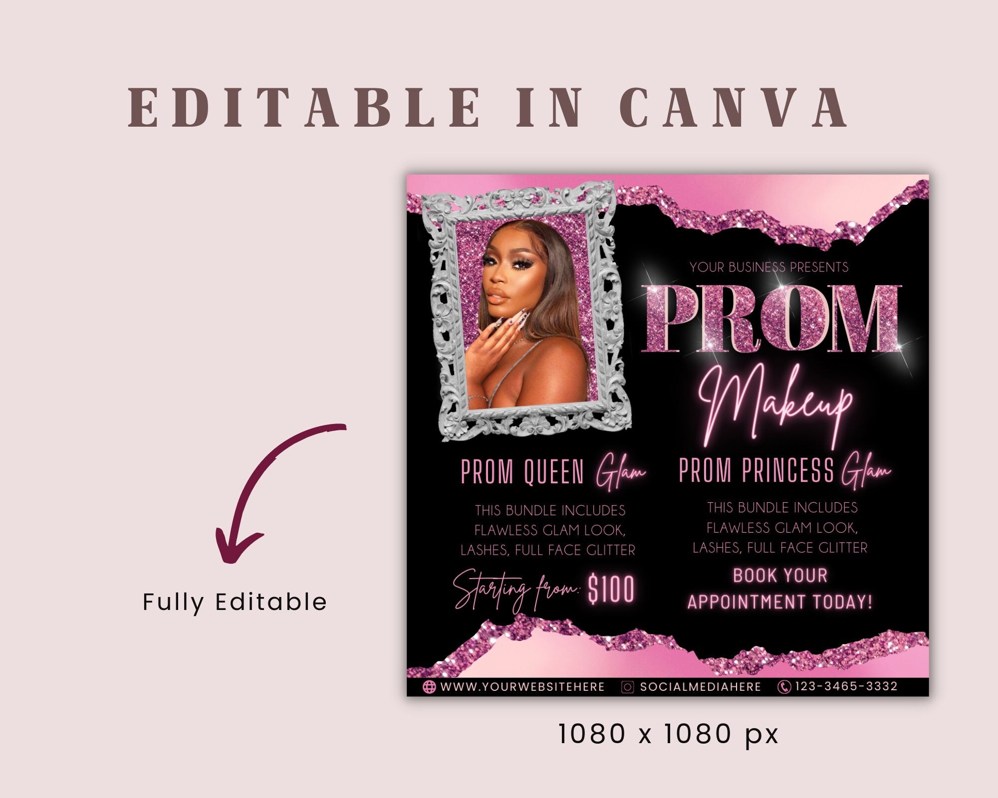 Prom Makeup Flyer, Prom Makeup, MUA Flyer, Makeup Flyer, Prom Flyer, Appointment Flyer, Book Now Flyer, Prom Season Canva Flyer