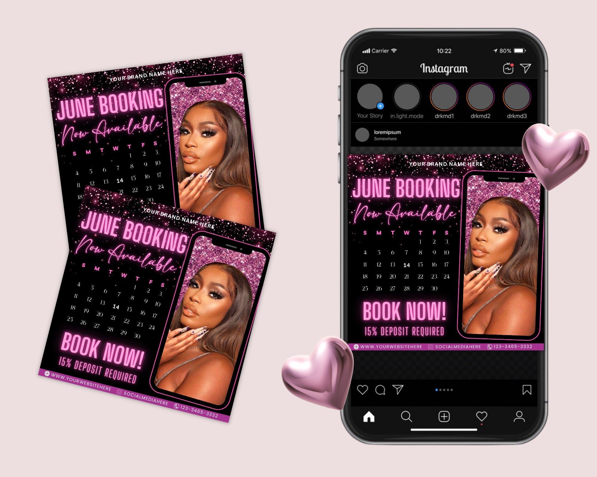 June Bookings Now Available Flyer, DIY Summer Book Now Appointments Beauty Hair Lashes Wigs Make Up Nails Social Media Canva Flyer Template