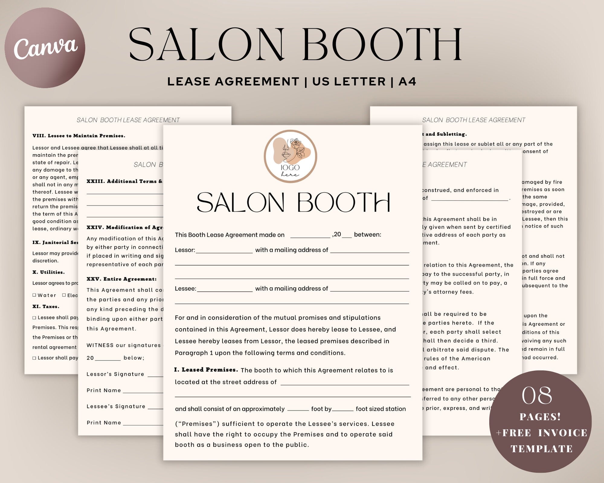 Professional Salon Booth Rental Contract, Canva Booth Rental Agreement, Salon Station Contract, Salon Chair Rental, Spa Rental, Salon Lease