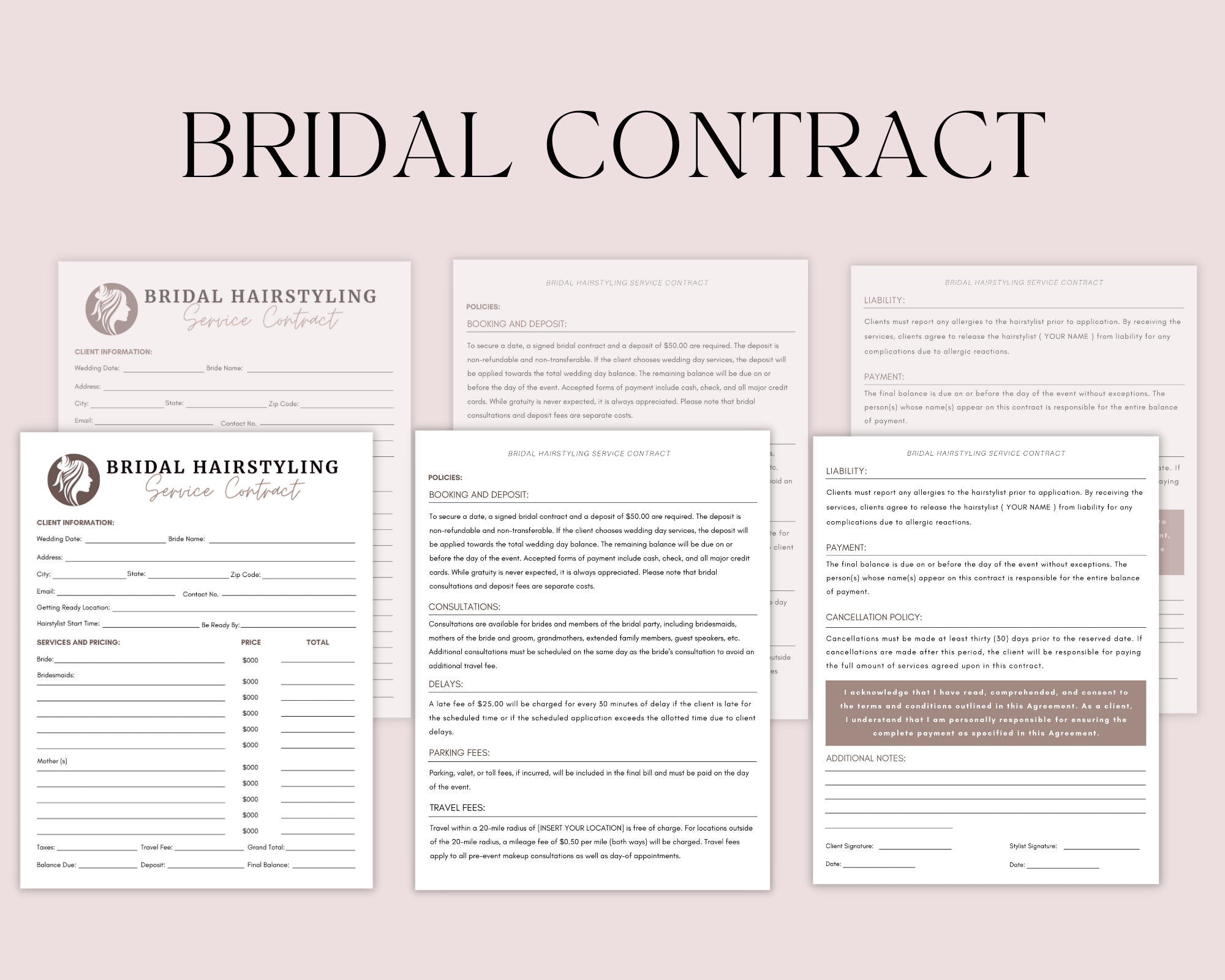 Bridal Hair Contract Template, Bridal Contract, Contract Template, Freelance Hairstylists, Wedding Bridal Party Salon Services, Canva