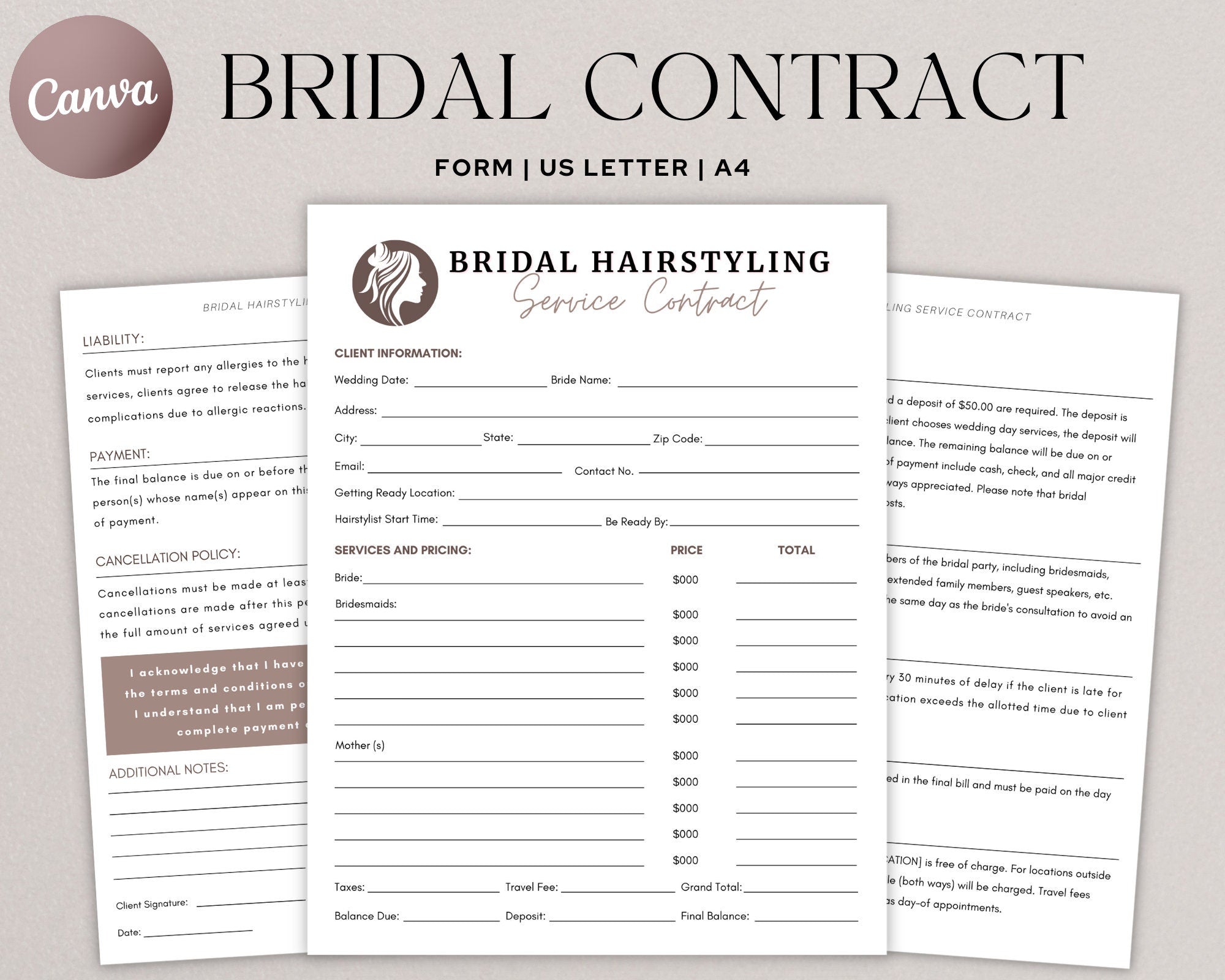 Bridal Hair Contract Template, Bridal Contract, Contract Template, Freelance Hairstylists, Wedding Bridal Party Salon Services, Canva