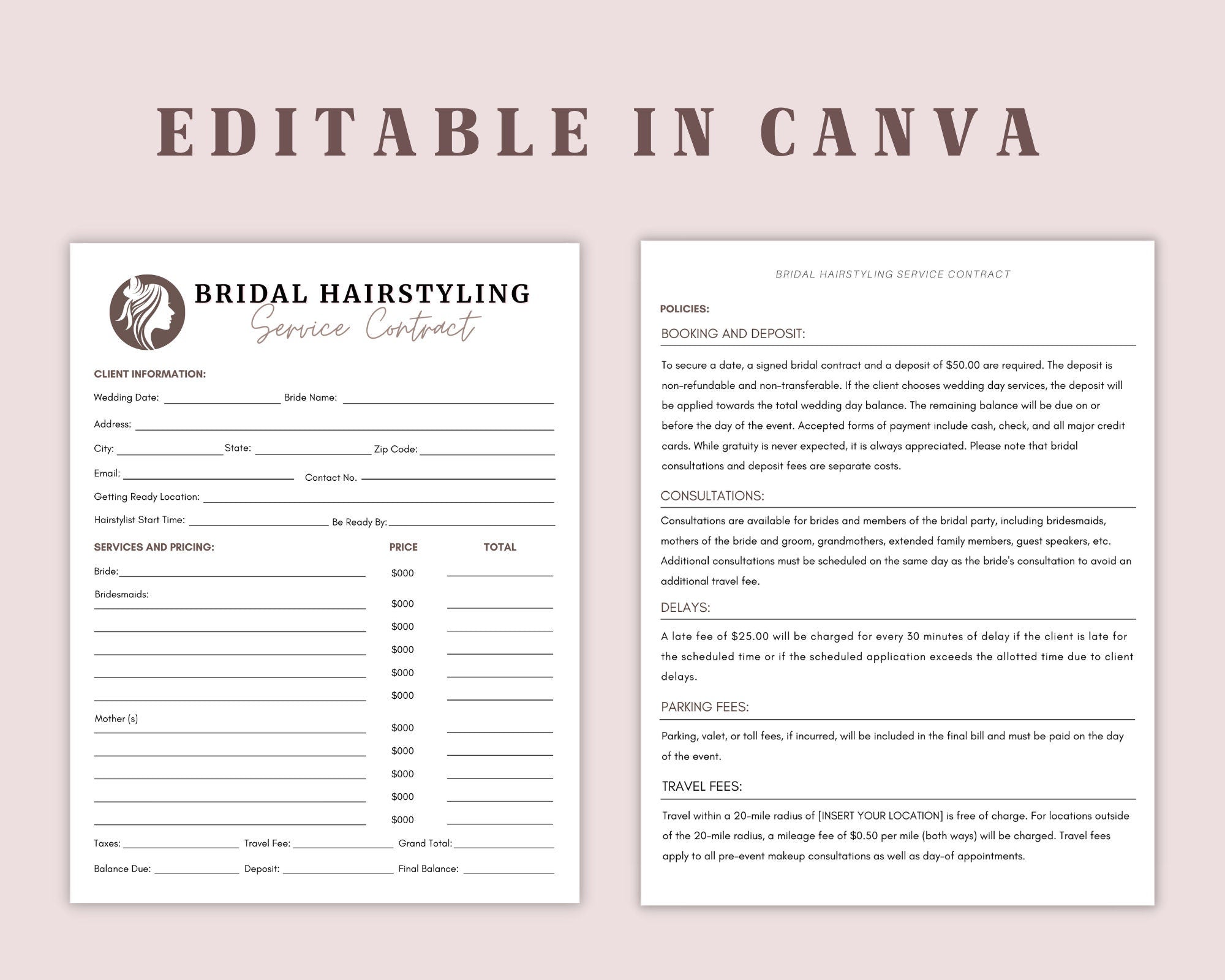 Bridal Hair Contract Template, Bridal Contract, Contract Template, Freelance Hairstylists, Wedding Bridal Party Salon Services, Canva