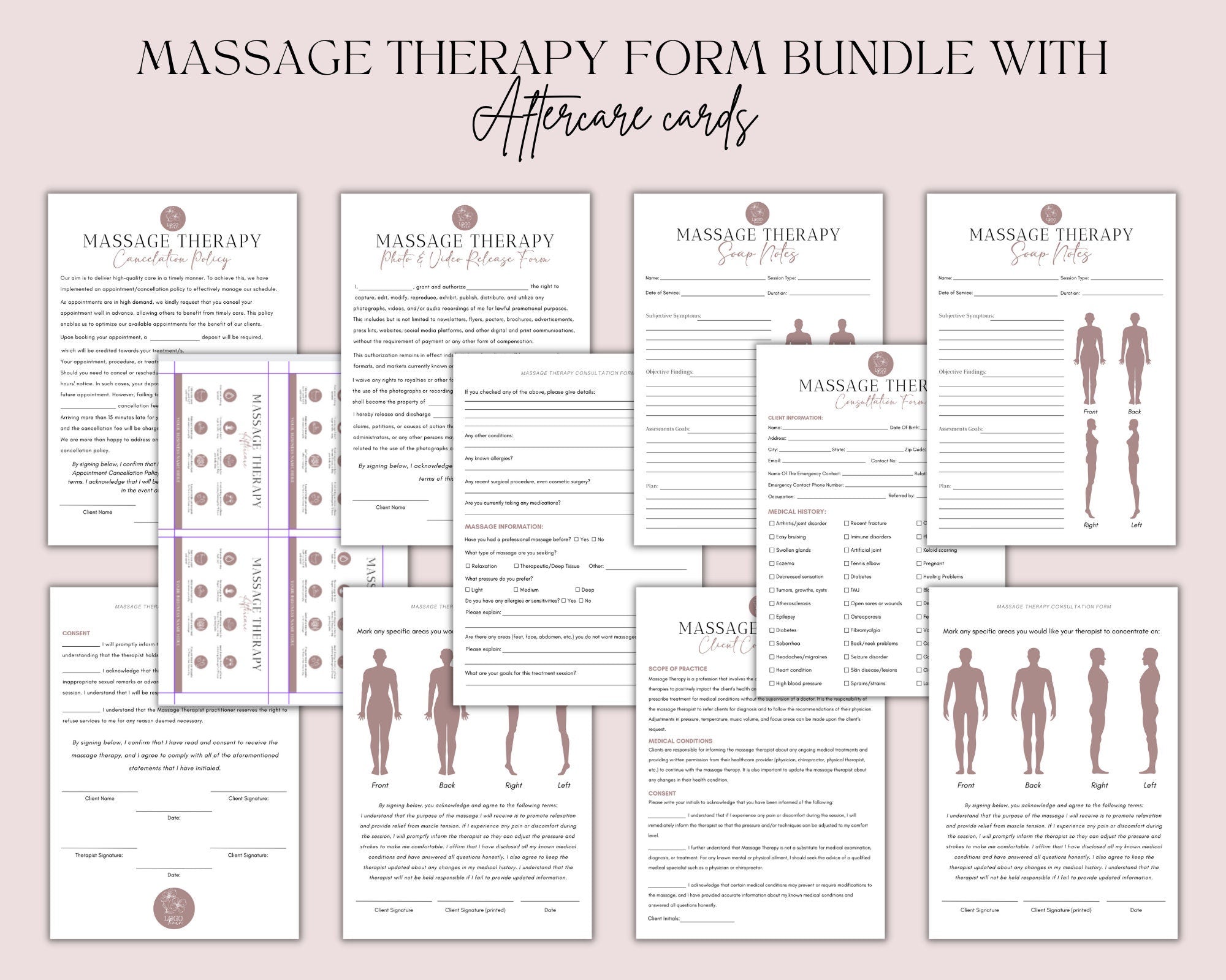 Massage Therapy Forms, Massage Consent, Massage Consultation, Massage Intake Forms, Esthetician Templates, Canva Editable, Instant Downlaod