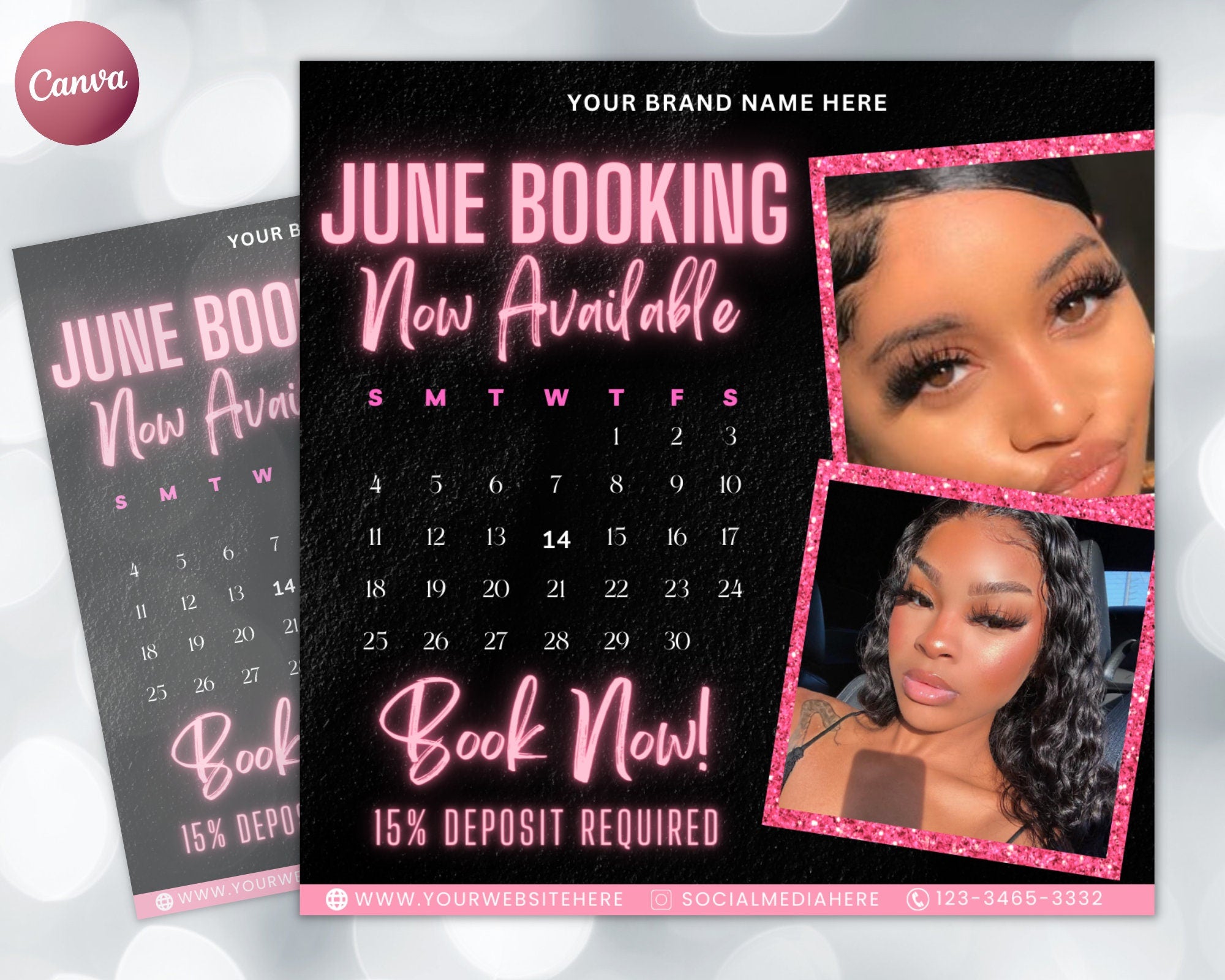 June Bookings Now Available Flyer, DIY Summer Book Now Appointments Beauty Hair Lashes Wigs Make Up Nails Social Media Canva Flyer Template