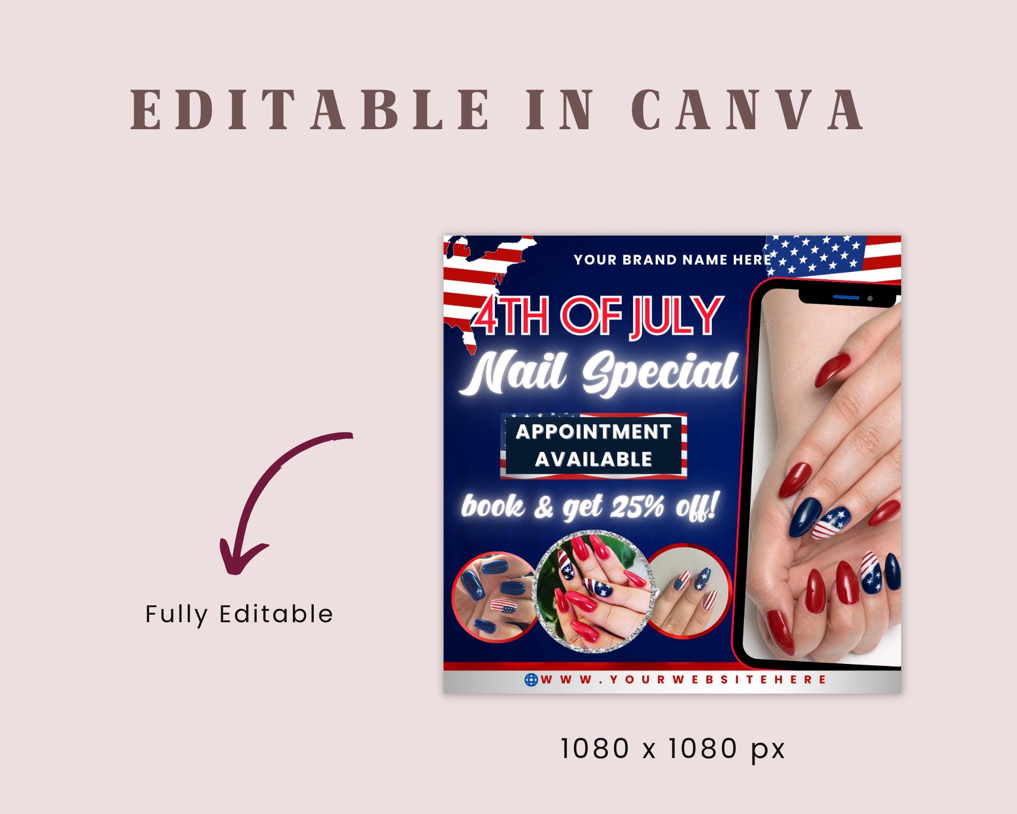 4th of July Flyer, 4th of July Nails Special Flyer, Independence Day Flyer,DIY Flyer Template,Social Media Post,Canva Flyer,Instant Download