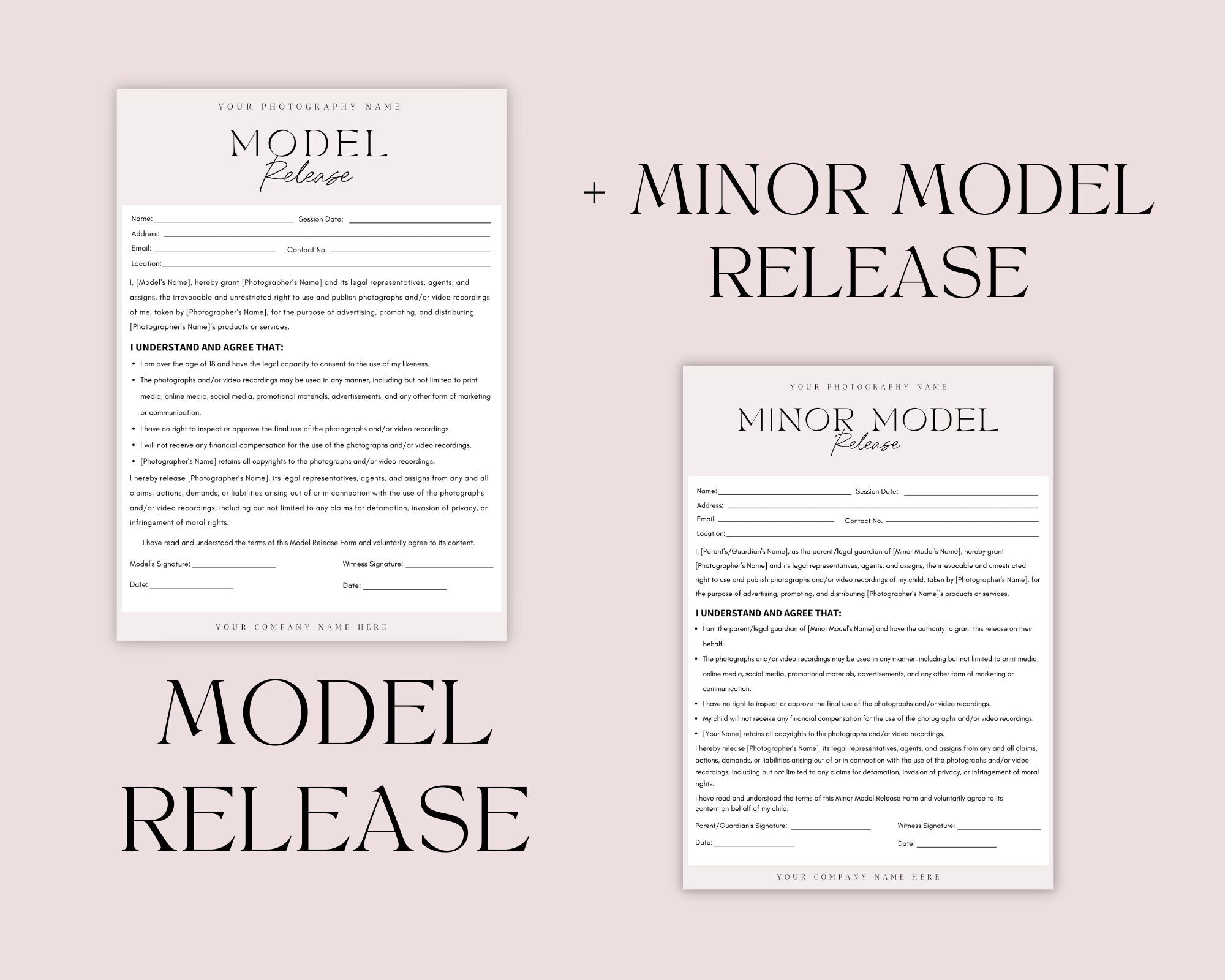 Model Release Form Template | Photography Forms | Minor Model Release Form | Contract for Photographers | Canva Template